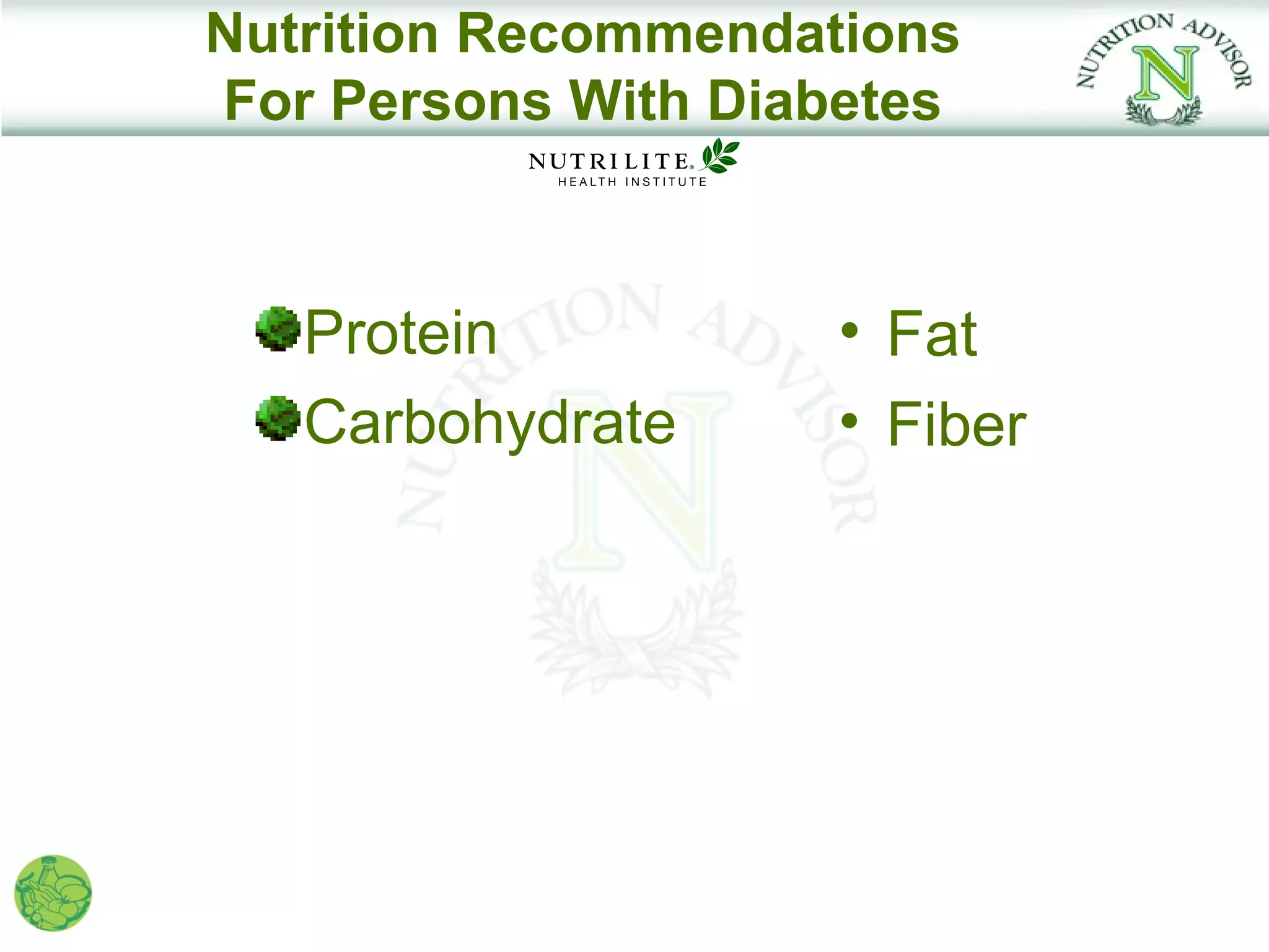 Nutrition Recommendations
For Persons With Diabetes



   Protein          • Fat
   Carbohydrate     • Fiber
 