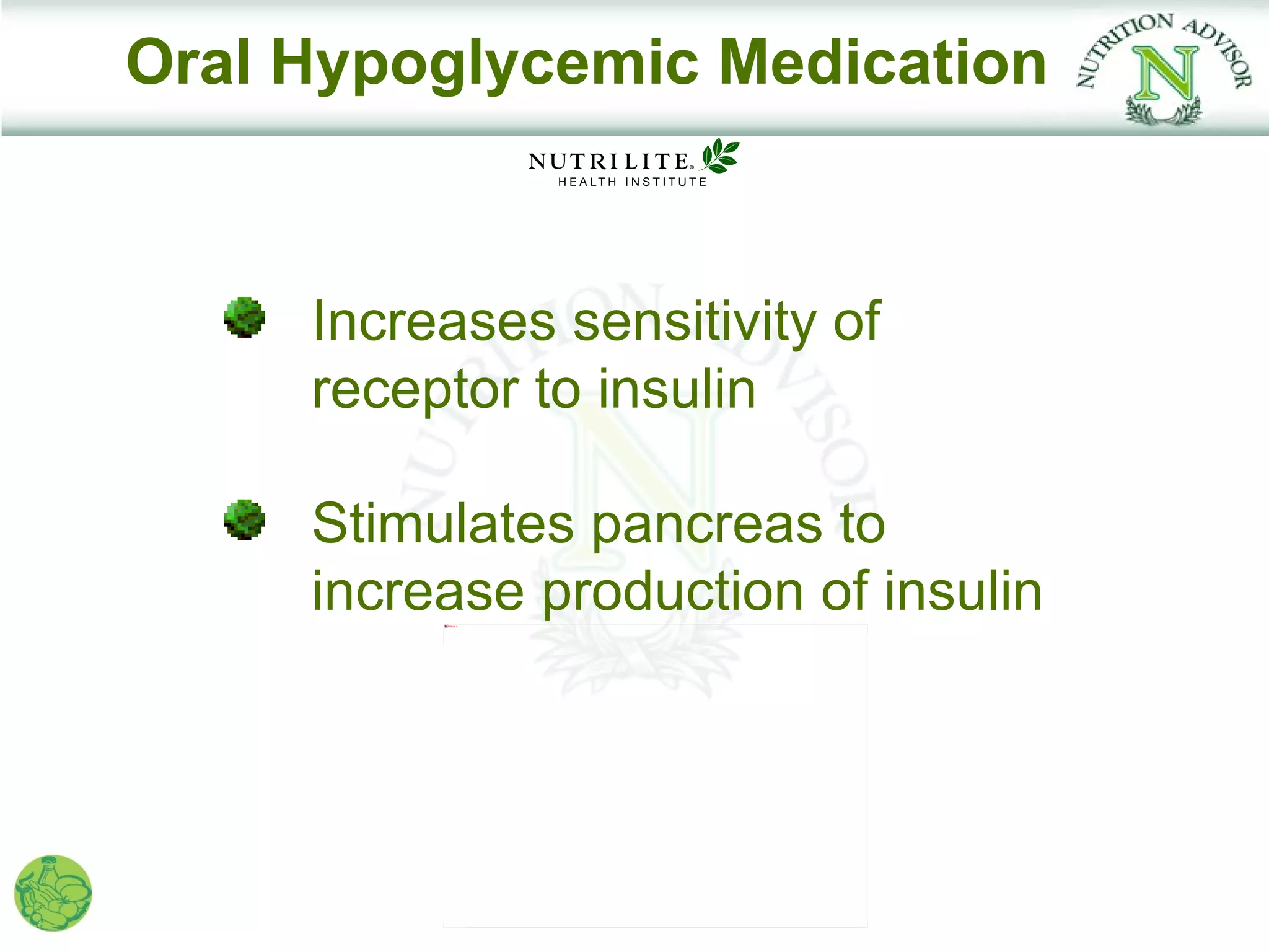 Oral Hypoglycemic Medication



     Increases sensitivity of
     receptor to insulin

     Stimulates pancreas to
     increase production of insulin
          Picture 4
 