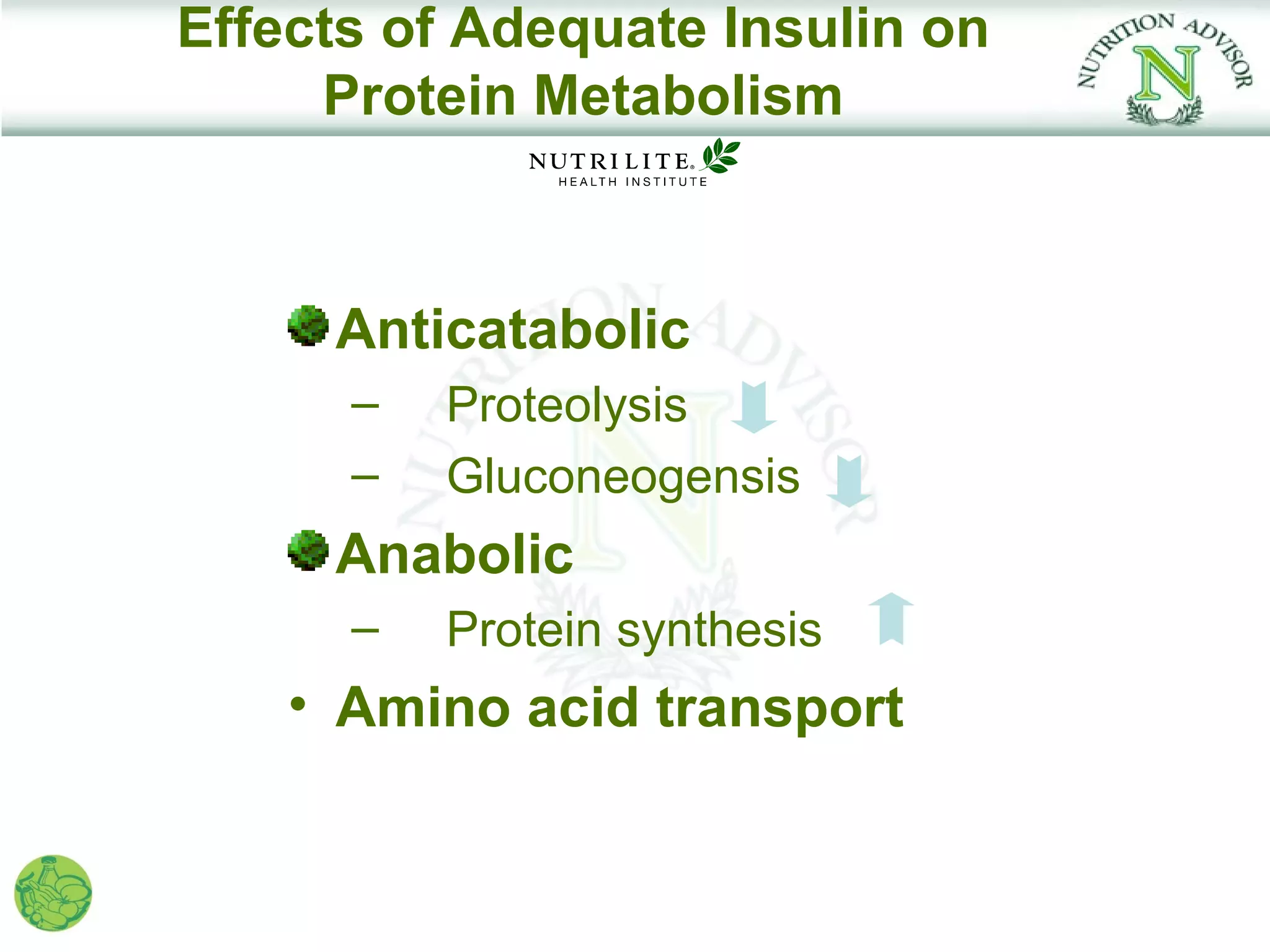 Effects of Adequate Insulin on
     Protein Metabolism



     Anticatabolic
      –   Proteolysis
      –   Gluconeogensis
     Anabolic
      –   Protein synthesis
    • Amino acid transport
 