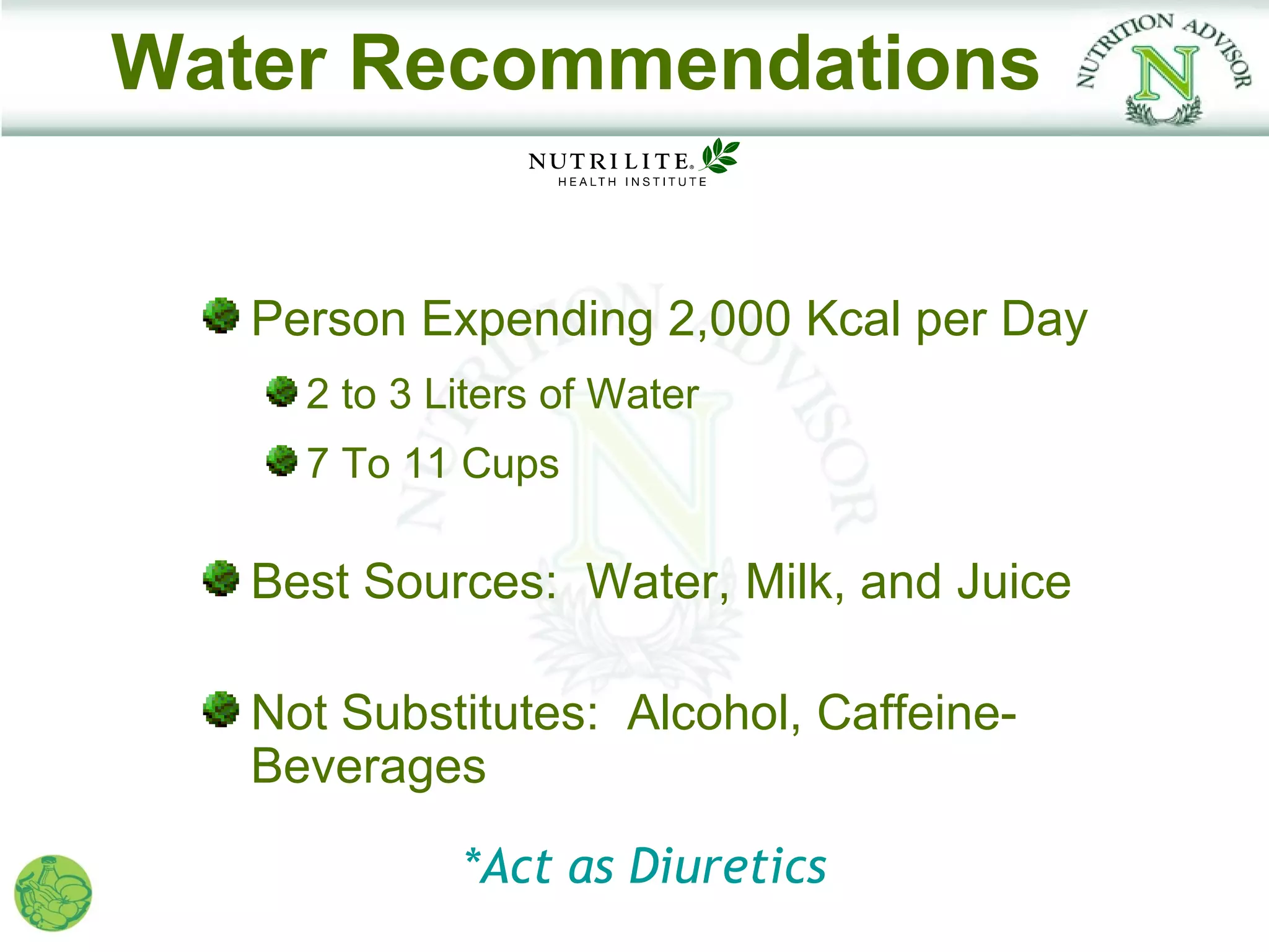 Water Recommendations


   Person Expending 2,000 Kcal per Day
     2 to 3 Liters of Water
     7 To 11 Cups

   Best Sources: Water, Milk, and Juice

   Not Substitutes: Alcohol, Caffeine-
   Beverages

             *Act as Diuretics
 