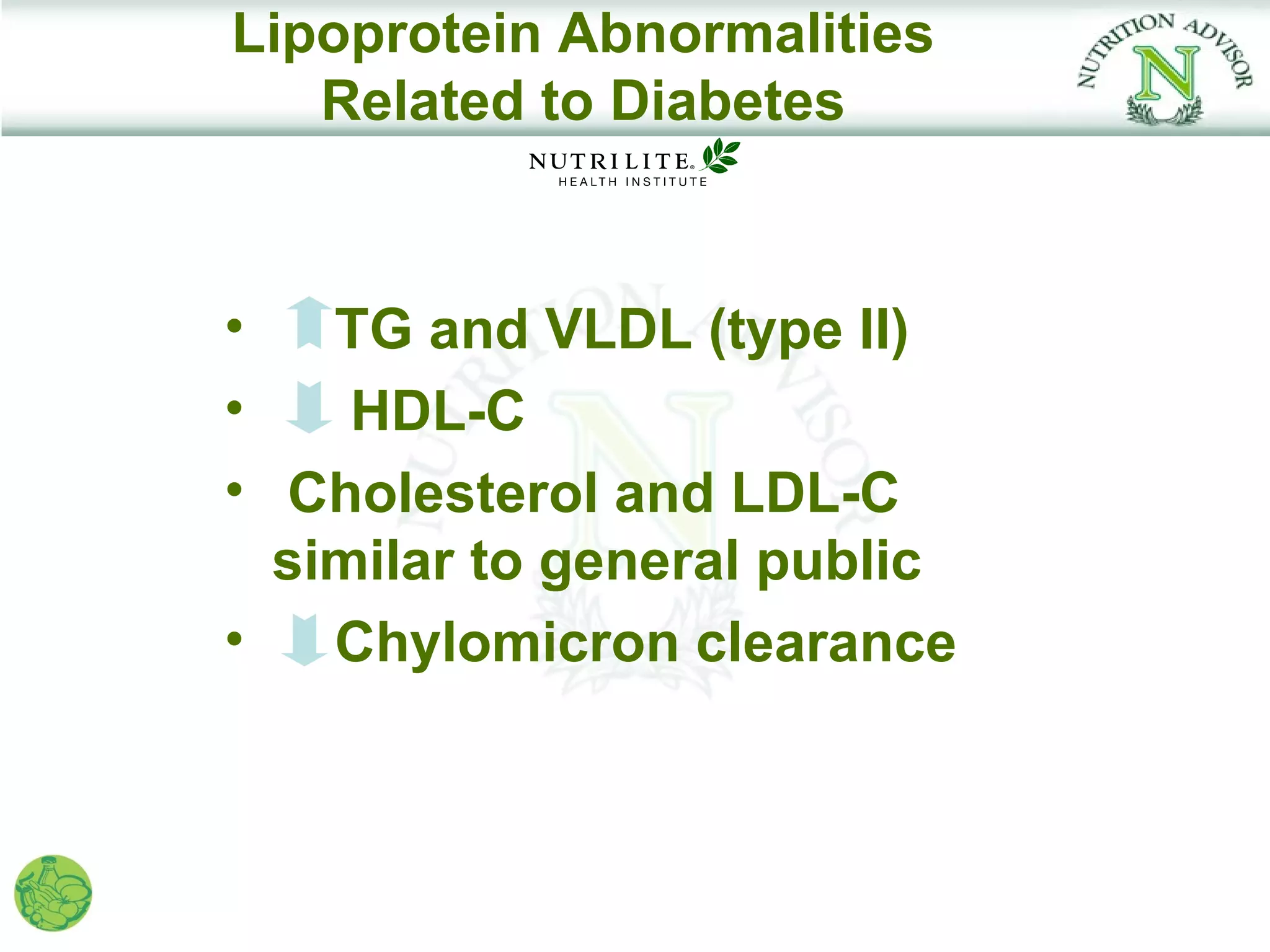 Lipoprotein Abnormalities
   Related to Diabetes


•   TG and VLDL (type II)
•    HDL-C
• Cholesterol and LDL-C
  similar to general public
•   Chylomicron clearance
 