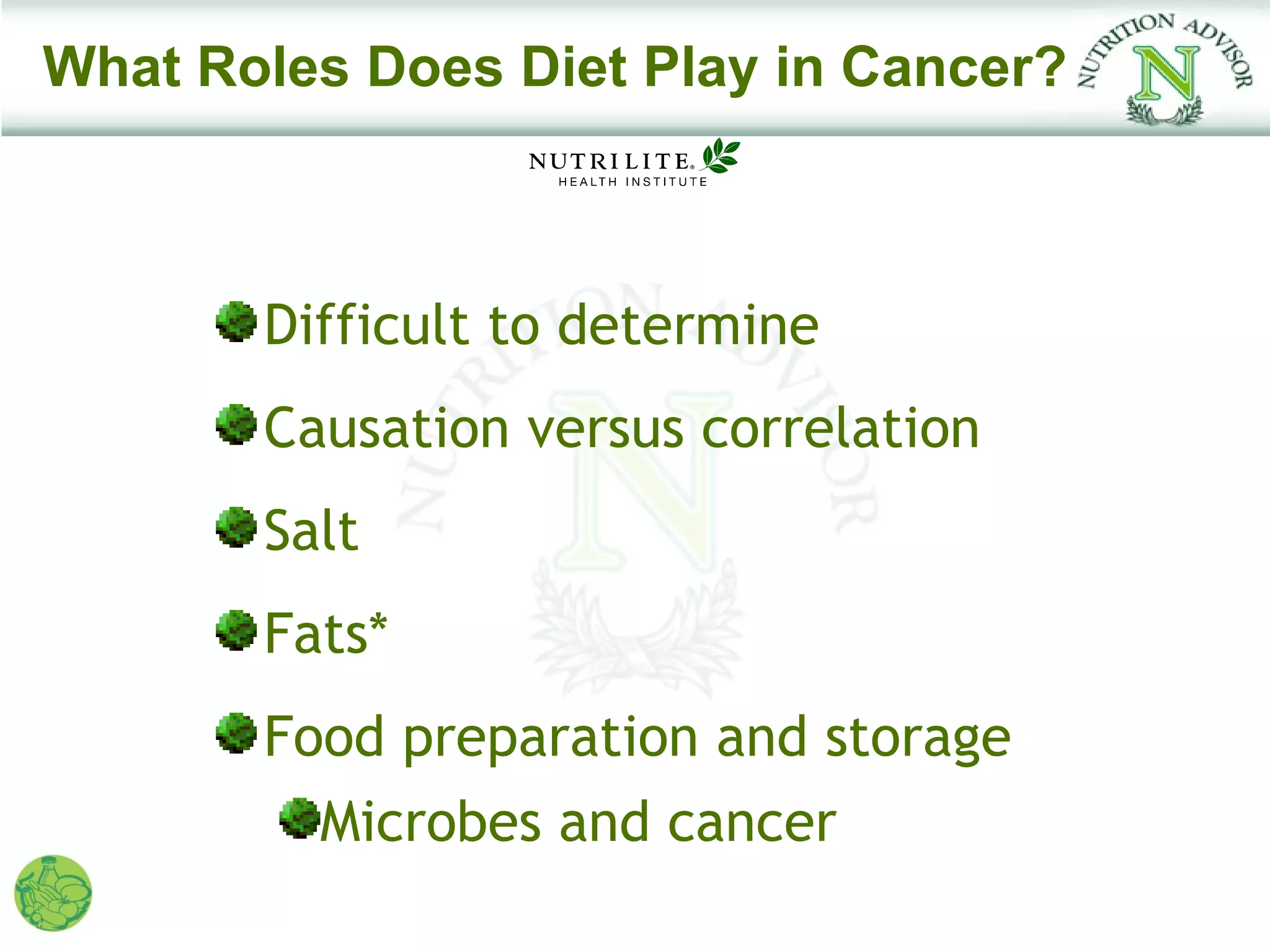 What Roles Does Diet Play in Cancer?



       Difficult to determine
       Causation versus correlation
       Salt
       Fats*
       Food preparation and storage
         Microbes and cancer
 