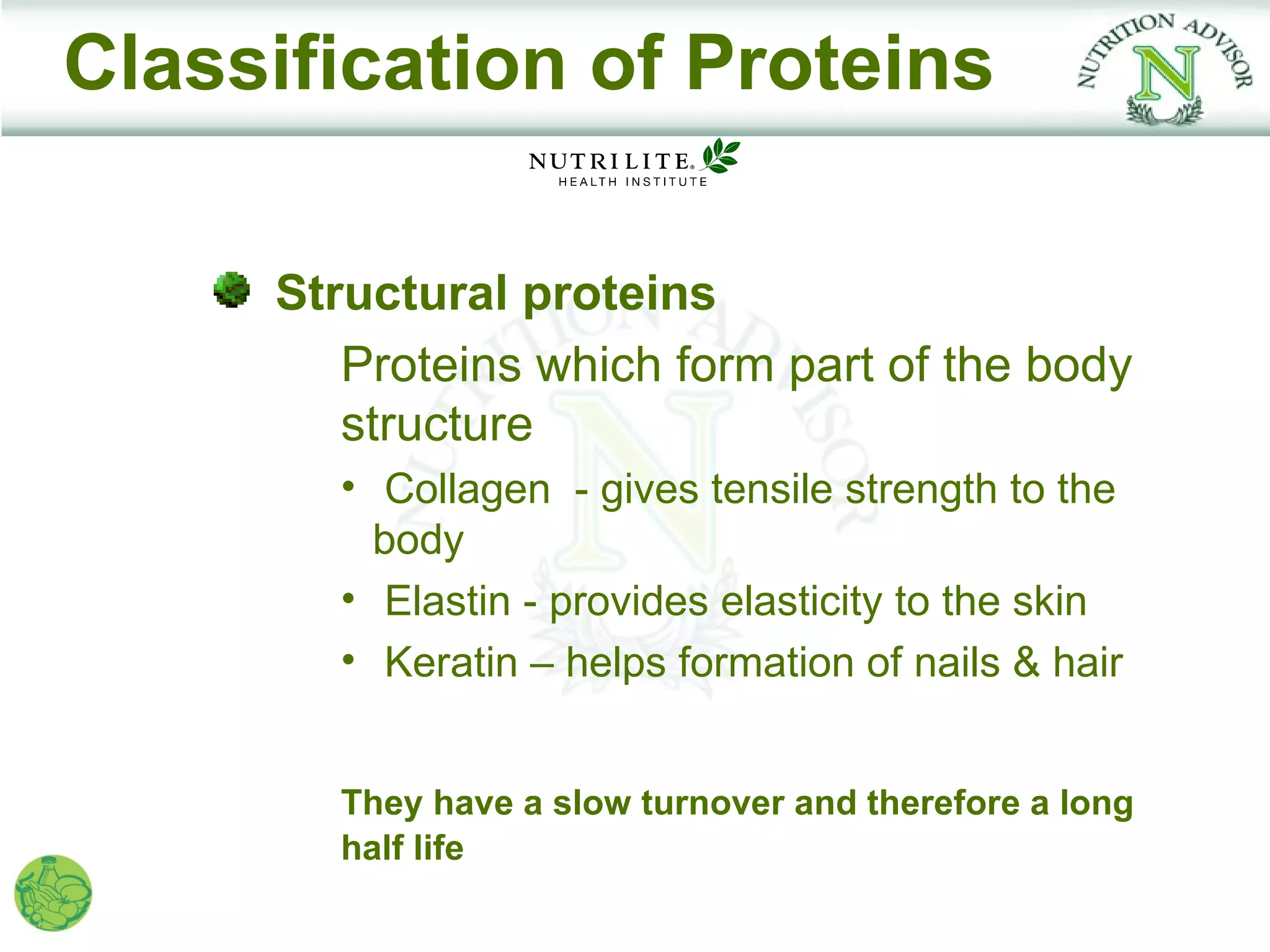 Classification of Proteins

     Structural proteins
        Proteins which form part of the body
        structure
       • Collagen - gives tensile strength to the
         body
       • Elastin - provides elasticity to the skin
       • Keratin – helps formation of nails & hair


       They have a slow turnover and therefore a long
       half life
 