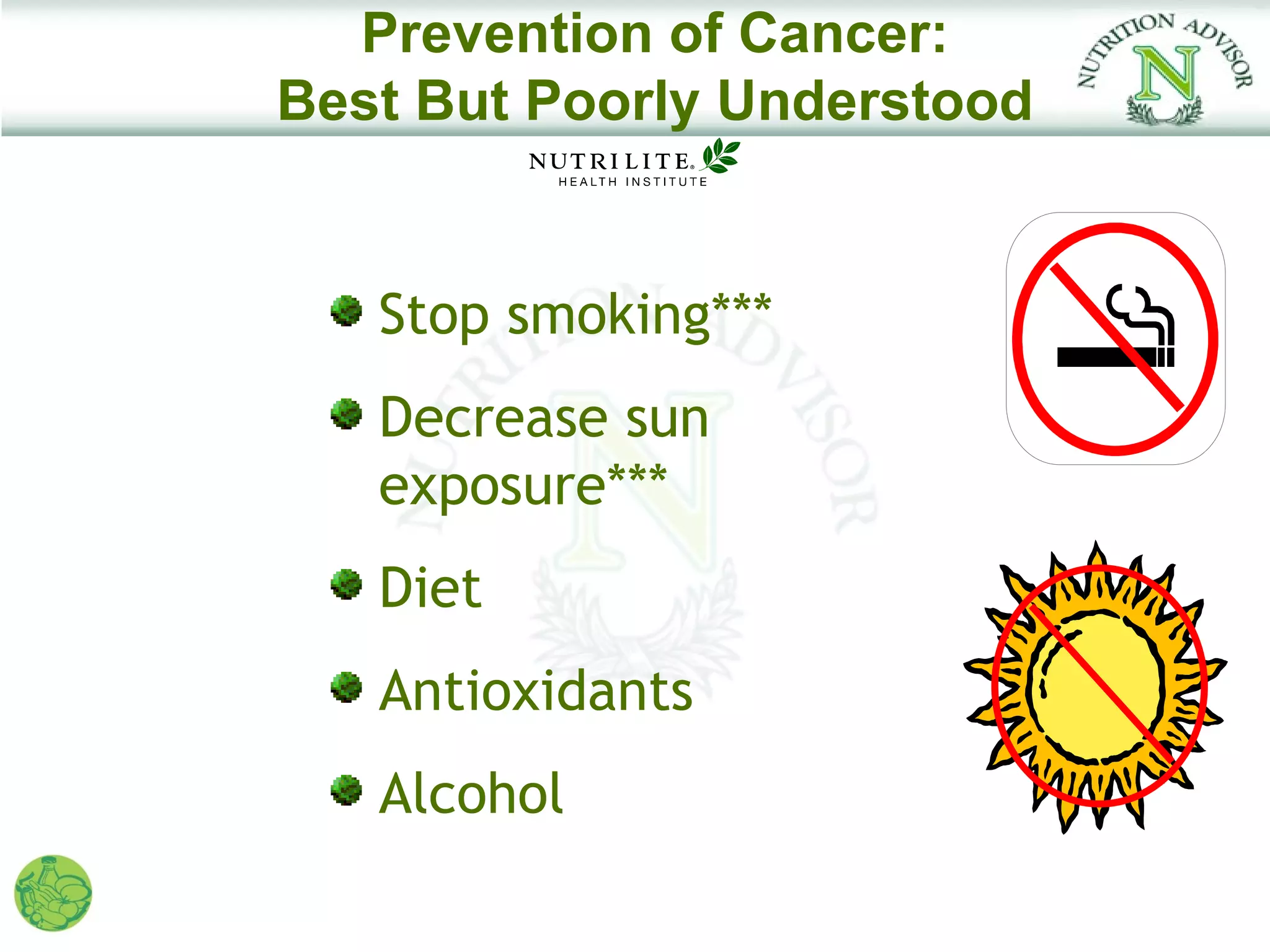 Prevention of Cancer:
Best But Poorly Understood


   Stop smoking***
   Decrease sun
   exposure***
   Diet
   Antioxidants
   Alcohol
 