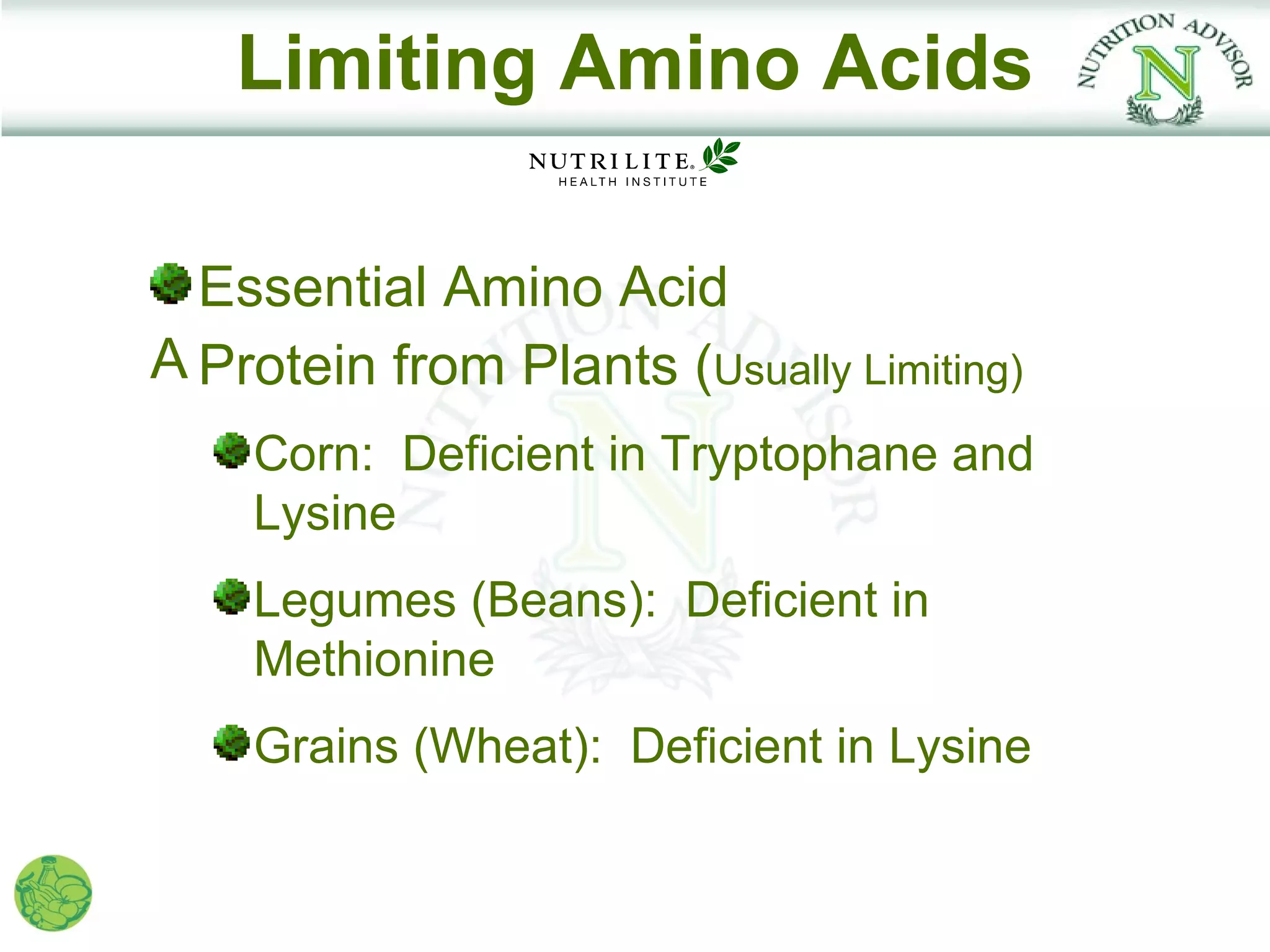 Limiting Amino Acids

  Essential Amino Acid
A Protein from Plants (Usually Limiting)
    Corn: Deficient in Tryptophane and
    Lysine
    Legumes (Beans): Deficient in
    Methionine
    Grains (Wheat): Deficient in Lysine
 