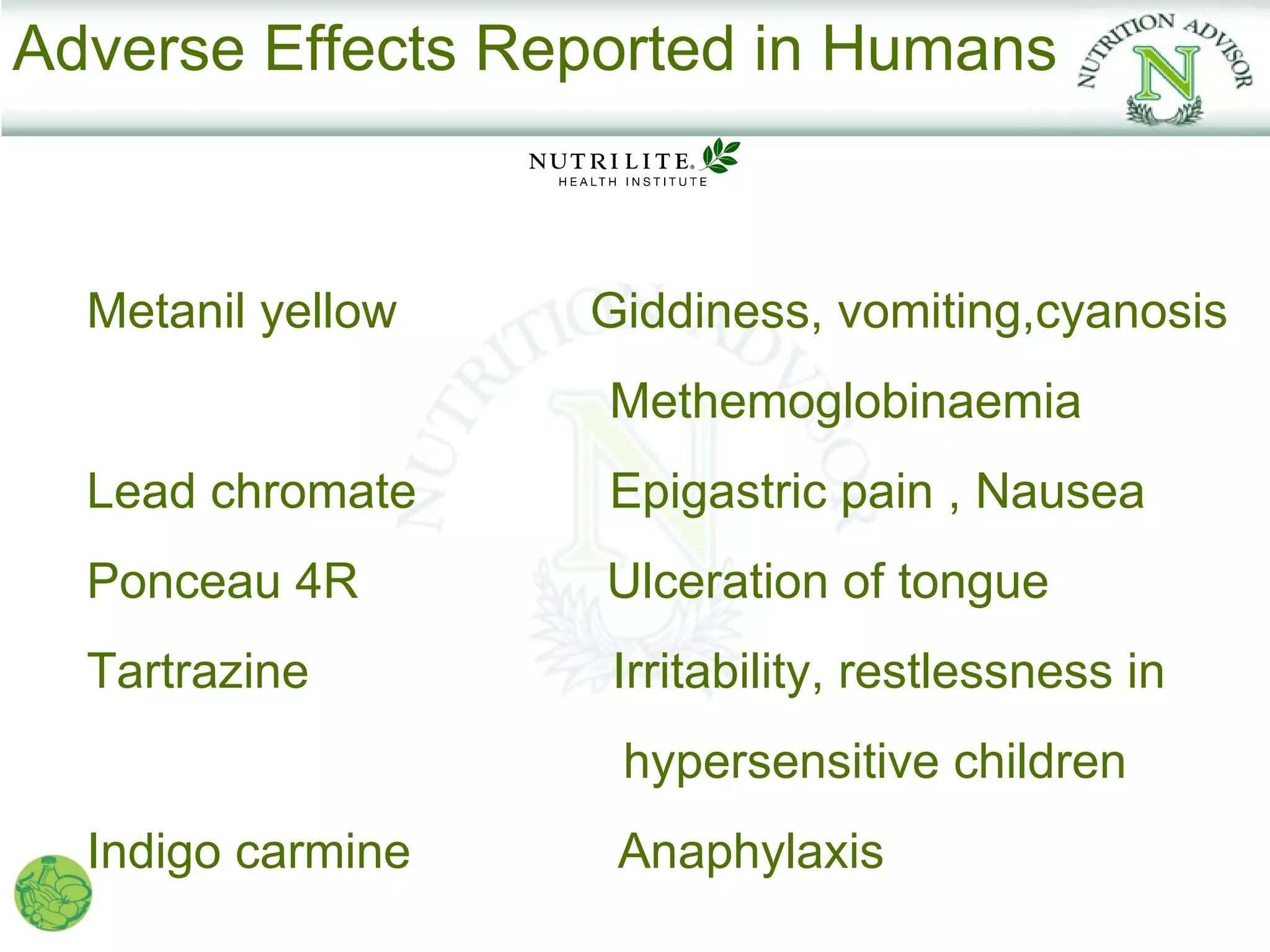 Adverse Effects Reported in Humans



  Metanil yellow   Giddiness, vomiting,cyanosis
                   Methemoglobinaemia
  Lead chromate    Epigastric pain , Nausea
  Ponceau 4R       Ulceration of tongue
  Tartrazine       Irritability, restlessness in
                    hypersensitive children
  Indigo carmine    Anaphylaxis
 