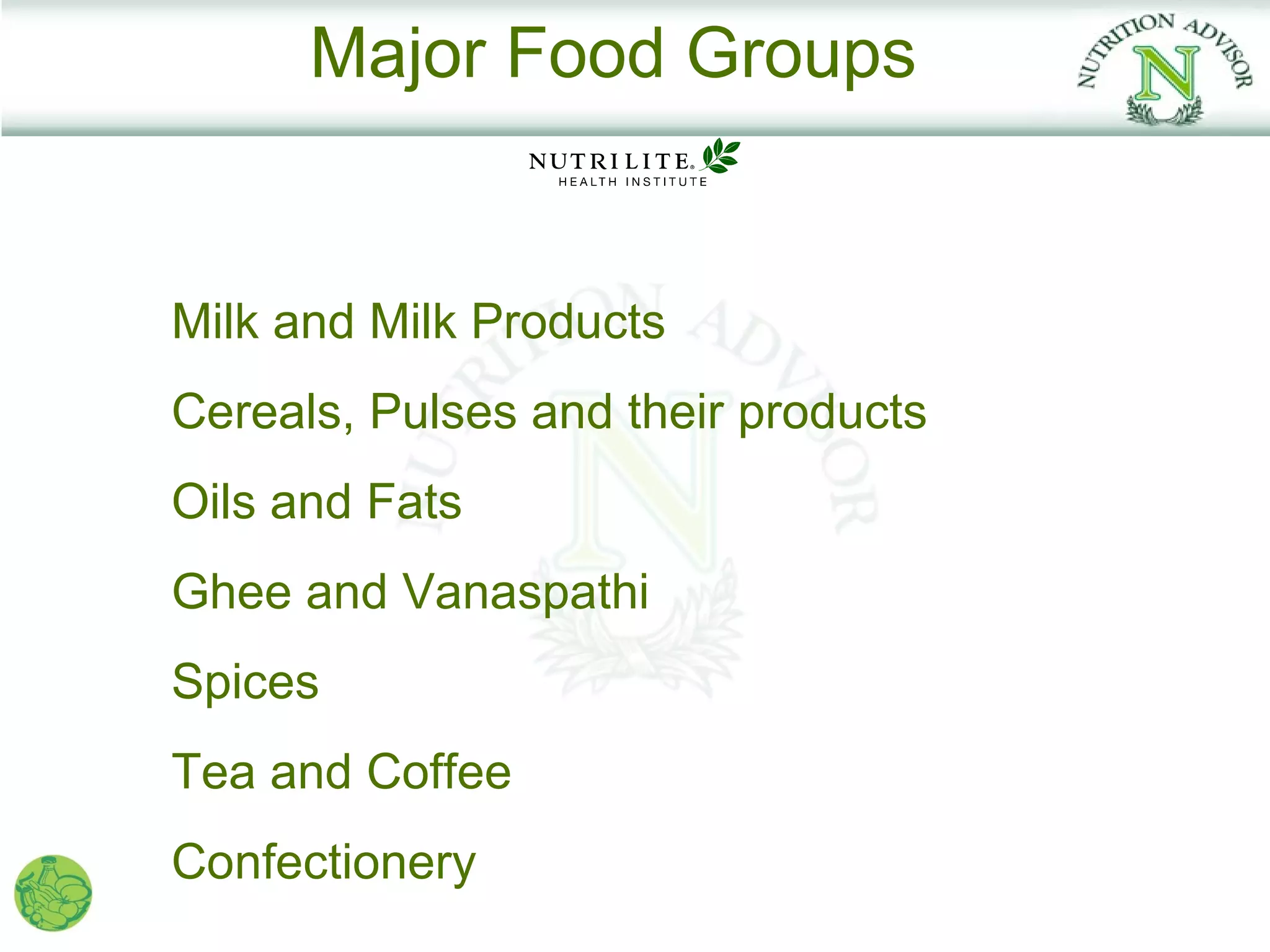 Major Food Groups


Milk and Milk Products
Cereals, Pulses and their products
Oils and Fats
Ghee and Vanaspathi
Spices
Tea and Coffee
Confectionery
 