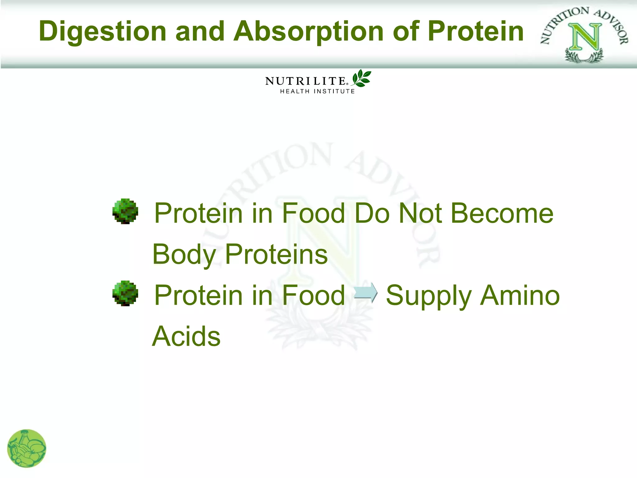 Digestion and Absorption of Protein




        Protein in Food Do Not Become
        Body Proteins
        Protein in Food Supply Amino
        Acids
 