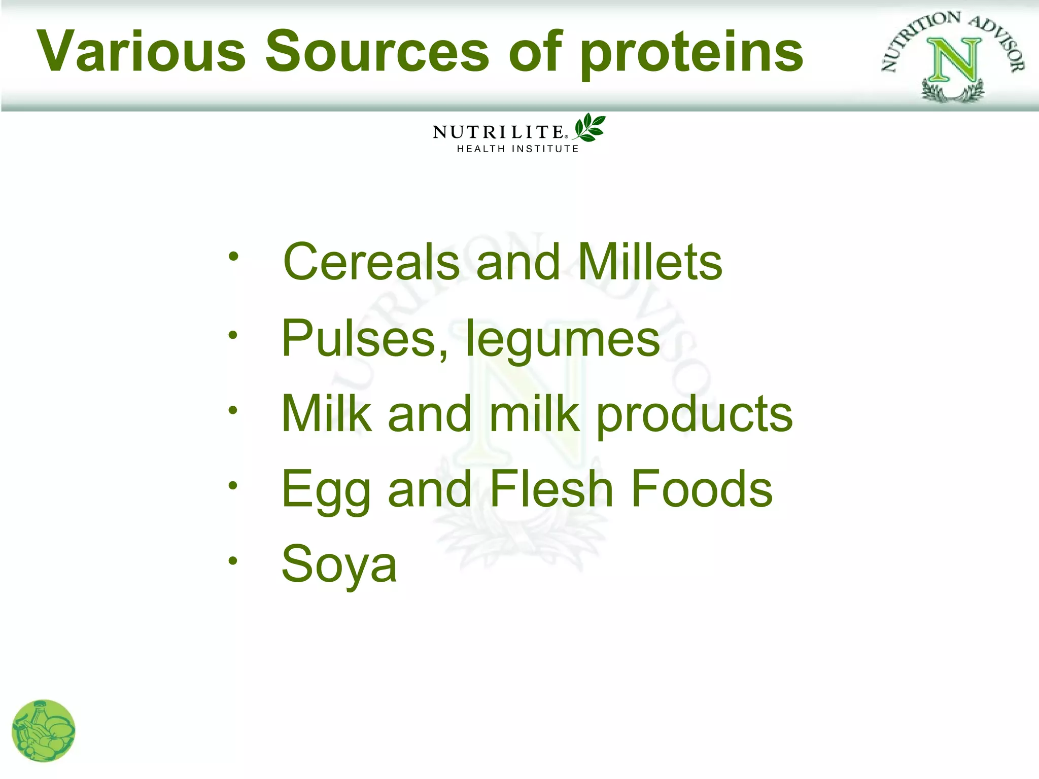 Various Sources of proteins


      •   Cereals and Millets
      •   Pulses, legumes
      •   Milk and milk products
      •   Egg and Flesh Foods
      •   Soya
 