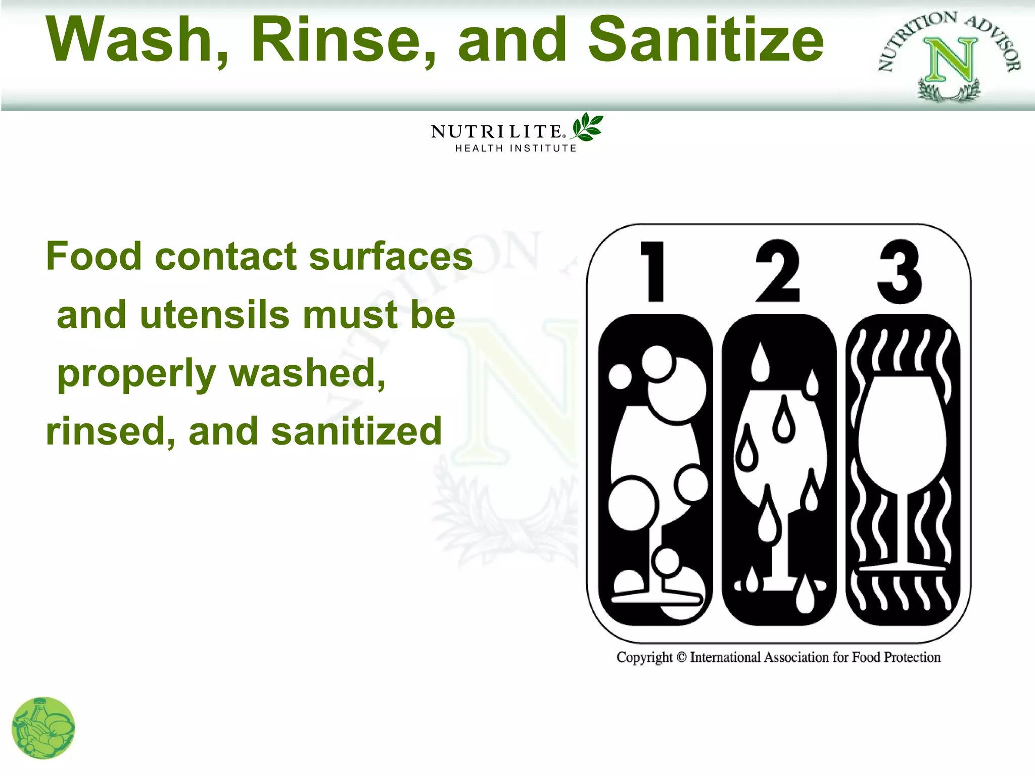 Wash, Rinse, and Sanitize


Food contact surfaces
 and utensils must be
 properly washed,
rinsed, and sanitized
 