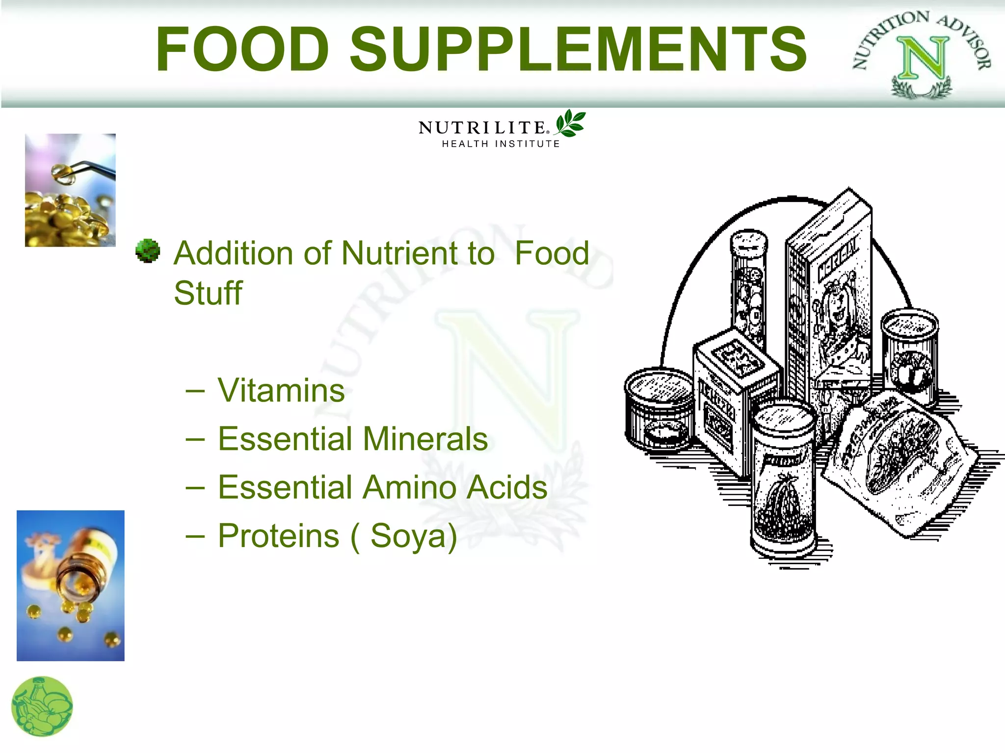 FOOD SUPPLEMENTS


Addition of Nutrient to Food
Stuff

–   Vitamins
–   Essential Minerals
–   Essential Amino Acids
–   Proteins ( Soya)
 