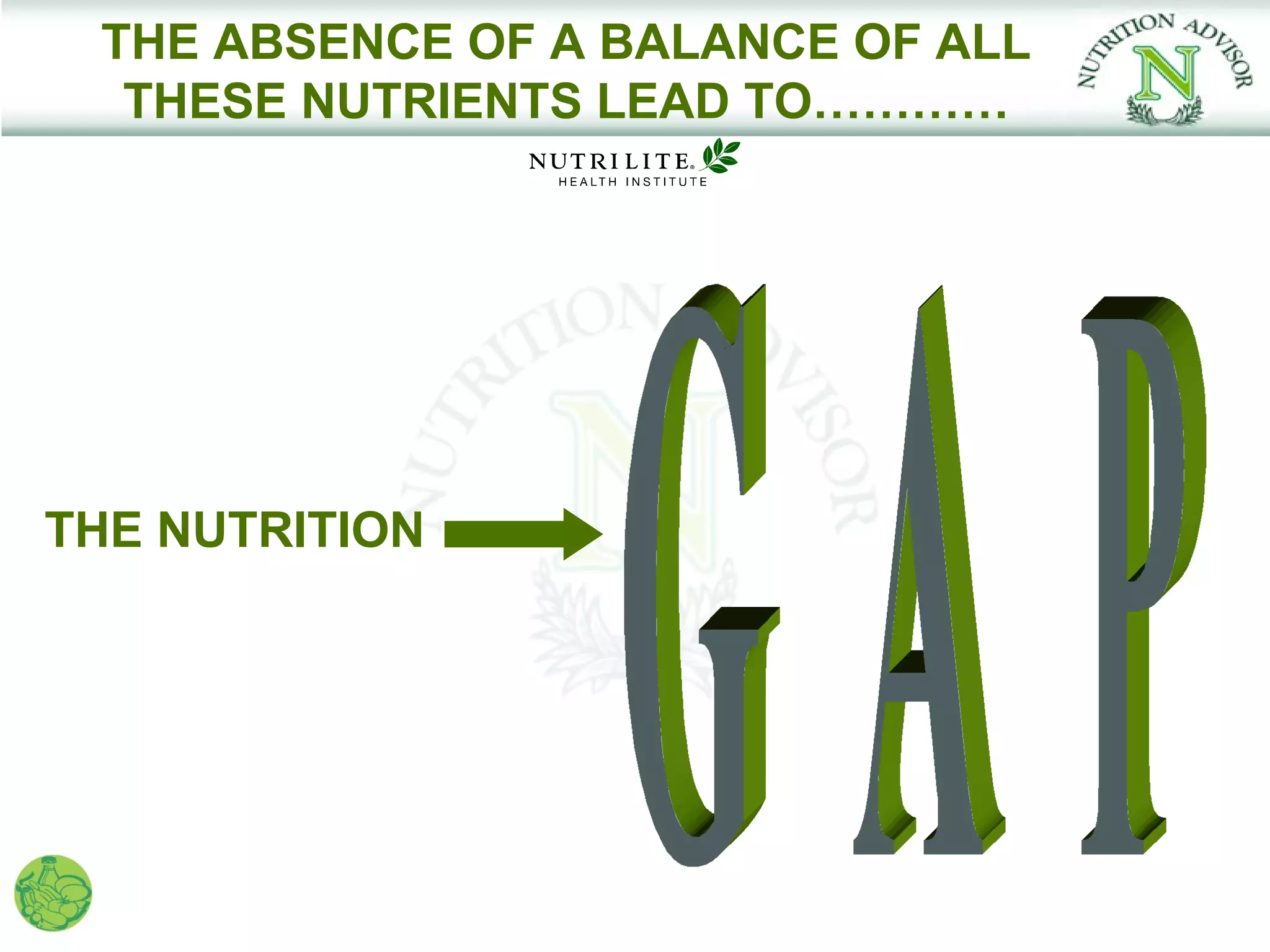 THE ABSENCE OF A BALANCE OF ALL
  THESE NUTRIENTS LEAD TO…………




THE NUTRITION
 