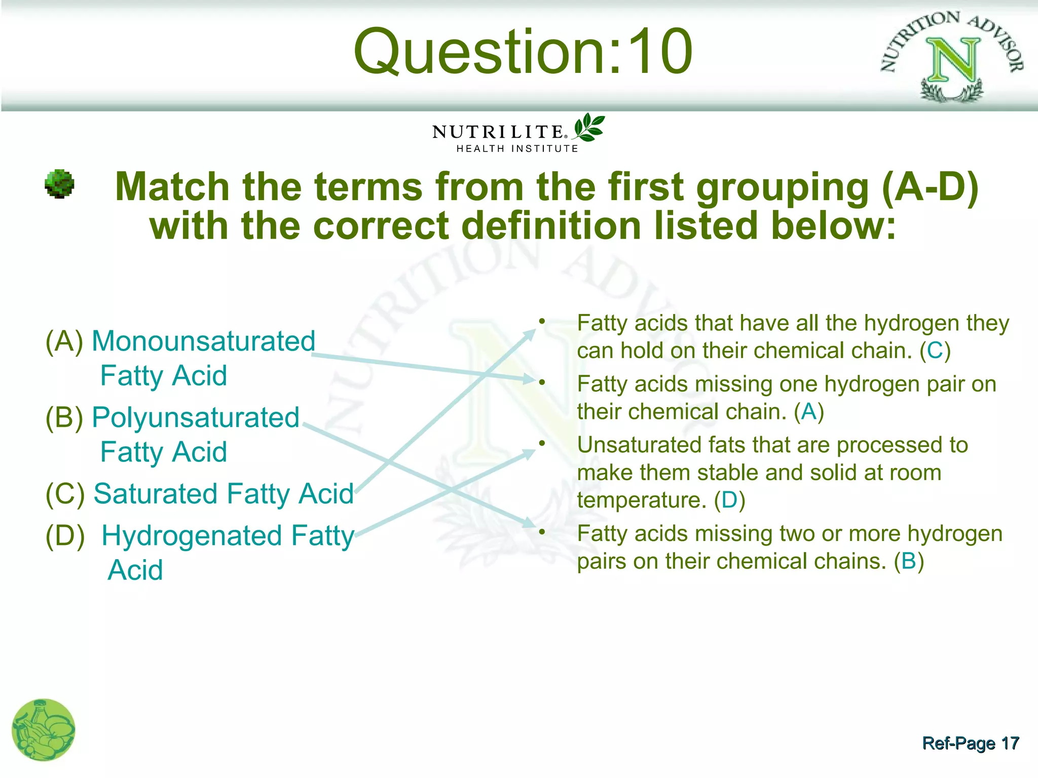 Question:10

     Match the terms from the first grouping (A-D)
      with the correct definition listed below:

                            •   Fatty acids that have all the hydrogen they
(A) Monounsaturated             can hold on their chemical chain. (C)
    Fatty Acid              •   Fatty acids missing one hydrogen pair on
(B) Polyunsaturated             their chemical chain. (A)
    Fatty Acid              •   Unsaturated fats that are processed to
                                make them stable and solid at room
(C) Saturated Fatty Acid        temperature. (D)
(D) Hydrogenated Fatty      •   Fatty acids missing two or more hydrogen
     Acid                       pairs on their chemical chains. (B)




                                                                  Ref-Page 17
 