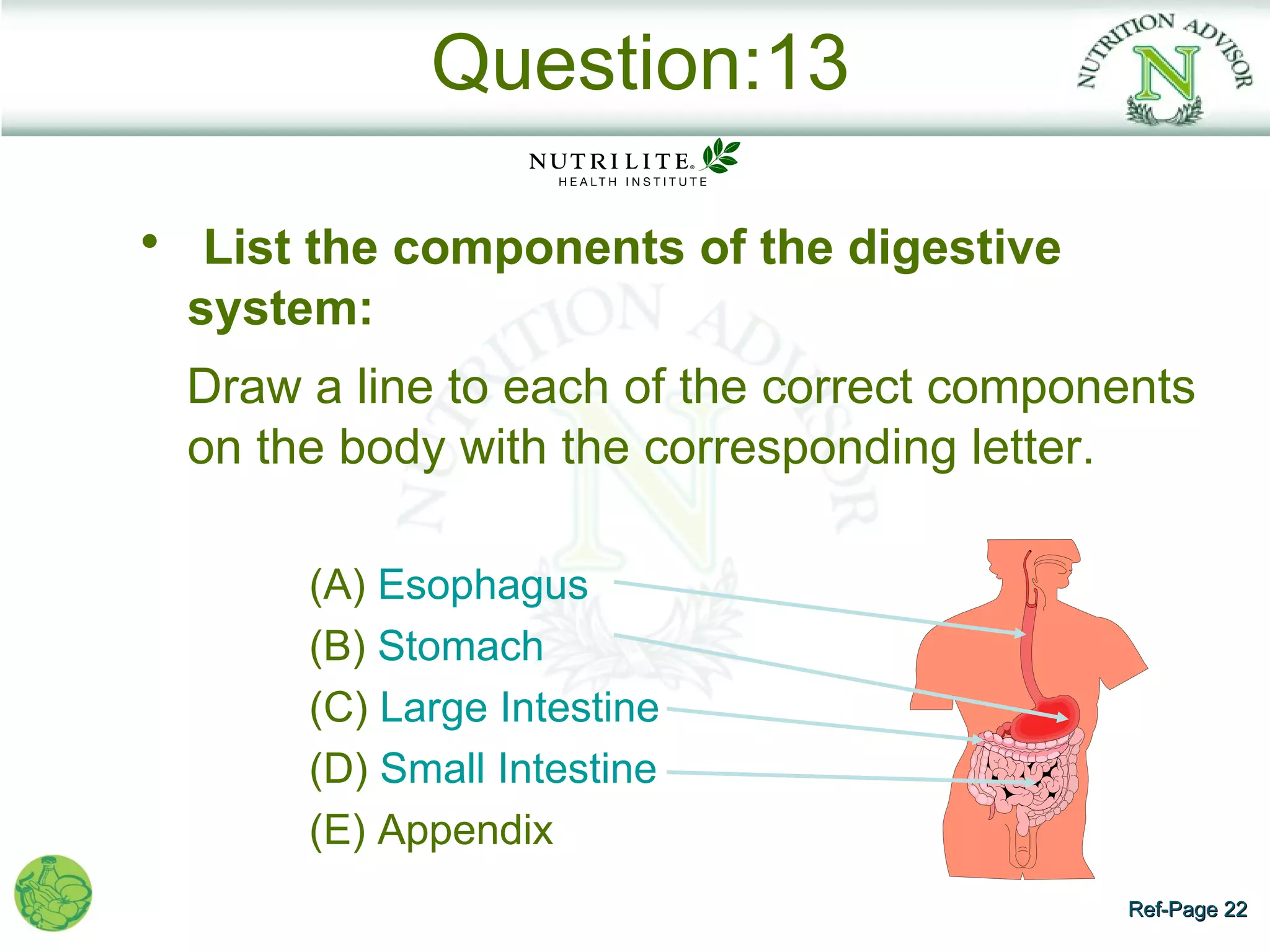 Question:13

• List the components of the digestive
 system:
 Draw a line to each of the correct components
 on the body with the corresponding letter.

      (A) Esophagus
      (B) Stomach
      (C) Large Intestine
      (D) Small Intestine
      (E) Appendix
                                          Ref-Page 22
 