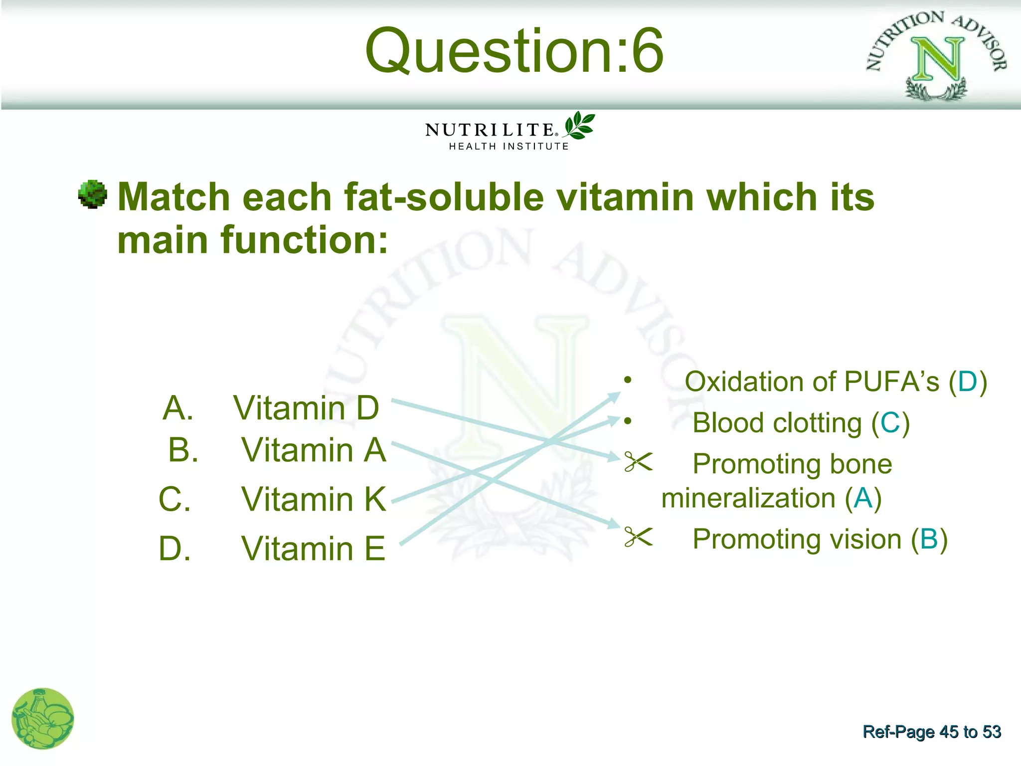 Question:6

Match each fat-soluble vitamin which its
main function:


                          • Oxidation of PUFA’s (D)
  A. Vitamin D            •  Blood clotting (C)
  B. Vitamin A              Promoting bone
  C. Vitamin K             mineralization (A)
  D. Vitamin E             Promoting vision (B)




                                          Ref-Page 45 to 53
 