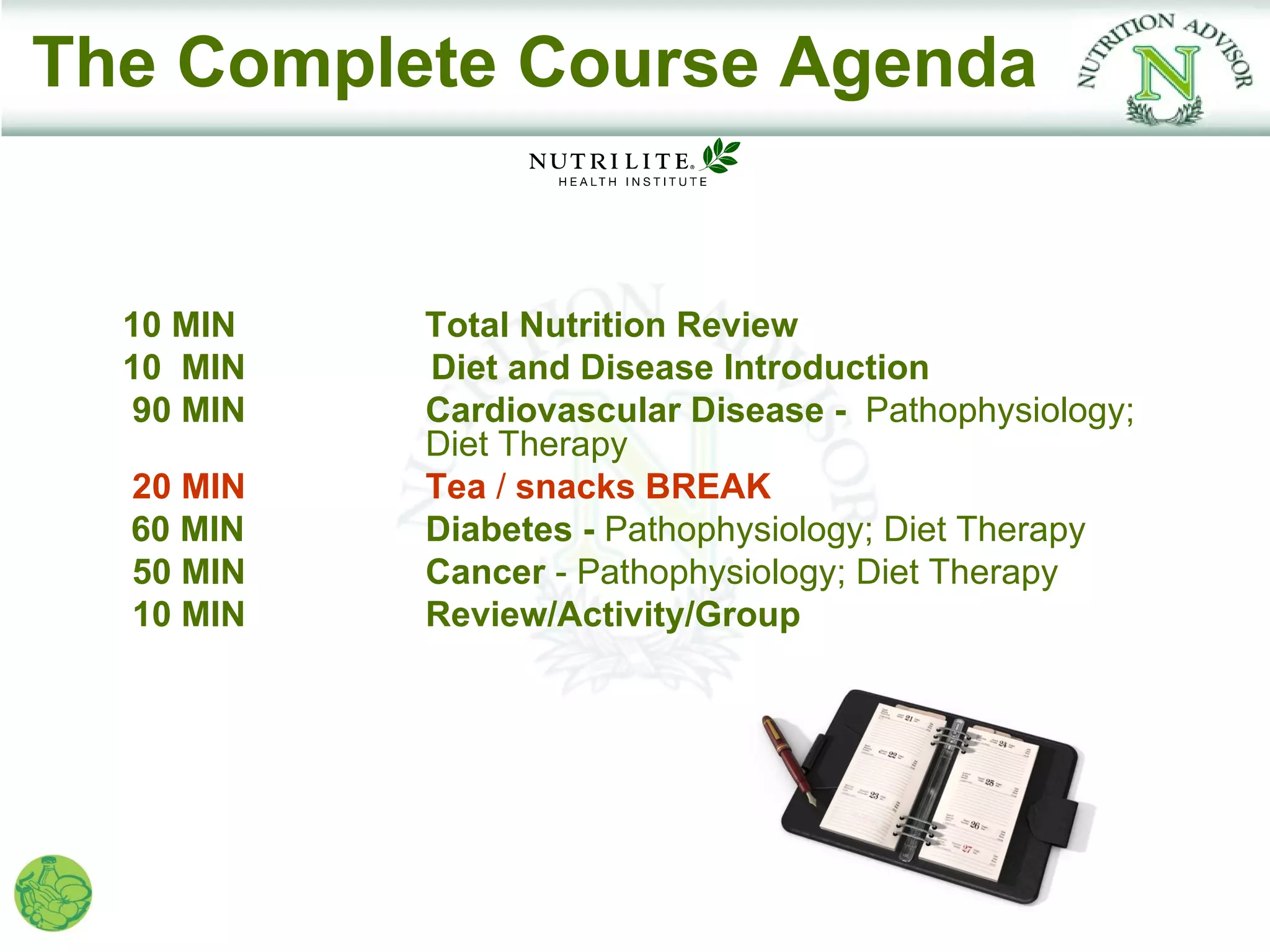 The Complete Course Agenda


  10 MIN   Total Nutrition Review
  10 MIN   Diet and Disease Introduction
  90 MIN   Cardiovascular Disease - Pathophysiology;
           Diet Therapy
  20 MIN   Tea / snacks BREAK
  60 MIN   Diabetes - Pathophysiology; Diet Therapy
  50 MIN   Cancer - Pathophysiology; Diet Therapy
  10 MIN   Review/Activity/Group
 