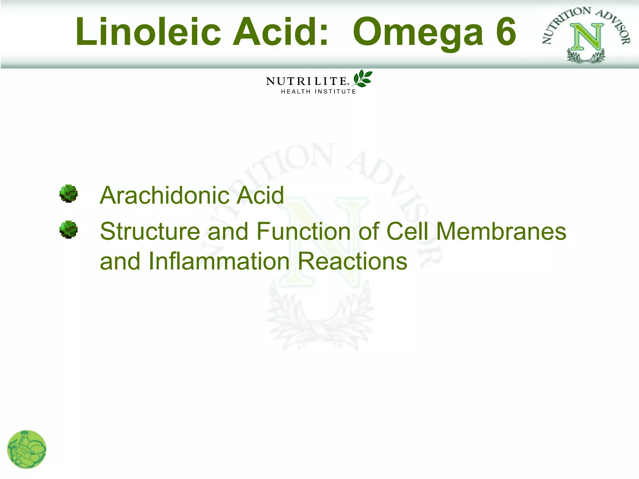 Linoleic Acid: Omega 6



 Arachidonic Acid
 Structure and Function of Cell Membranes
 and Inflammation Reactions
 