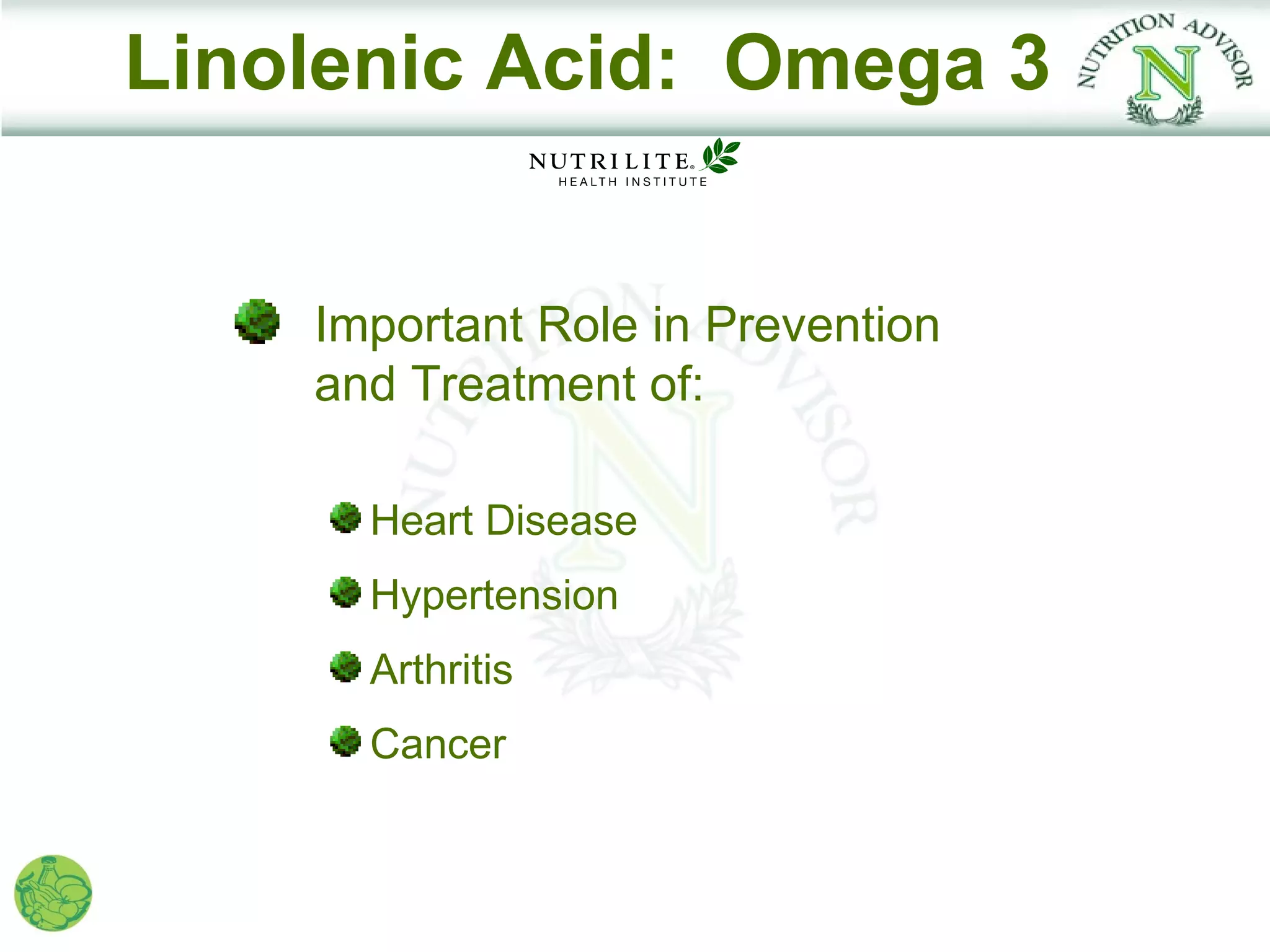 Linolenic Acid: Omega 3


    Important Role in Prevention
    and Treatment of:

      Heart Disease
      Hypertension
      Arthritis
      Cancer
 