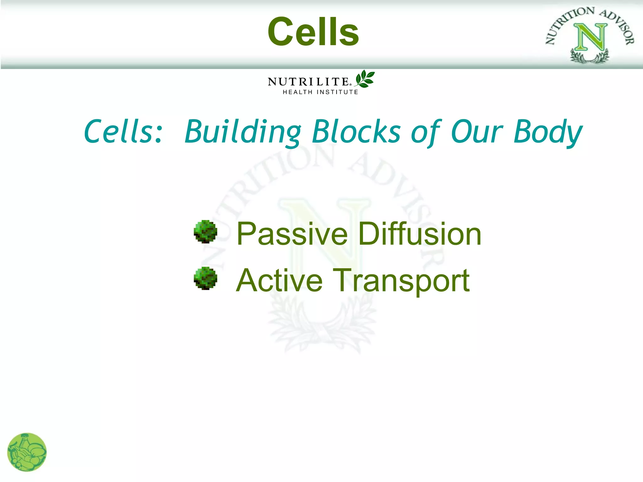 Cells

Cells: Building Blocks of Our Body


          Passive Diffusion
          Active Transport
 