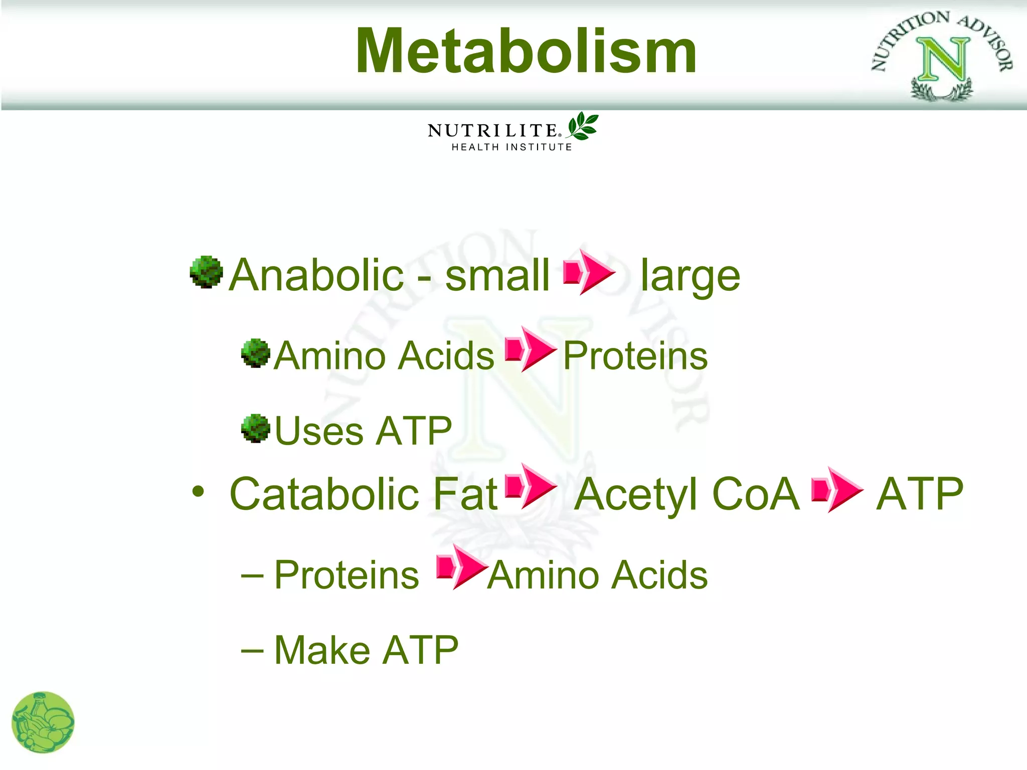 Metabolism


 Anabolic - small       large
    Amino Acids     Proteins
    Uses ATP
• Catabolic Fat     Acetyl CoA   ATP
  – Proteins   Amino Acids
  – Make ATP
 