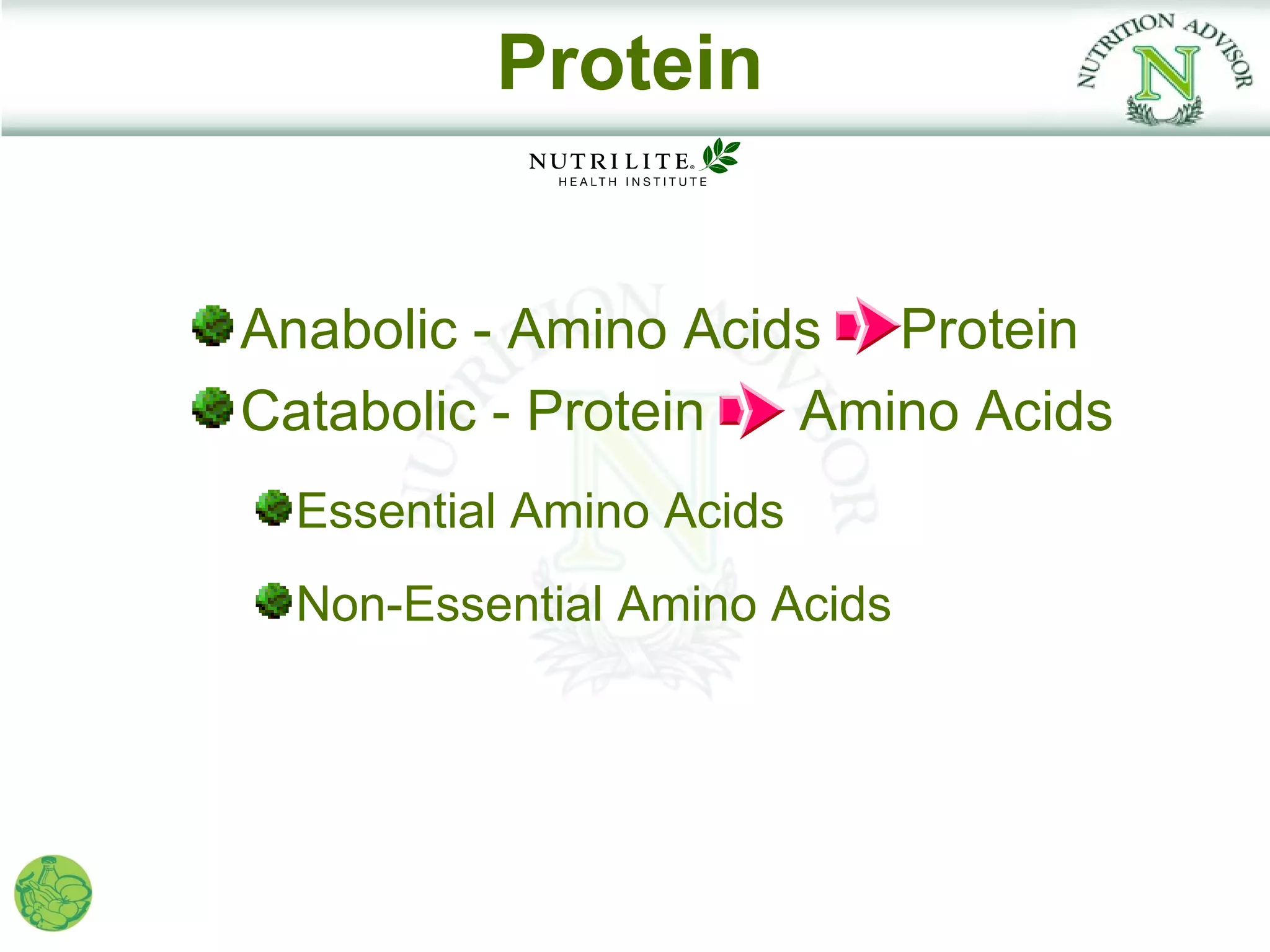 Protein


Anabolic - Amino Acids Protein
Catabolic - Protein  Amino Acids
  Essential Amino Acids
  Non-Essential Amino Acids
 