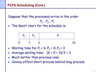 84
FCFS Scheduling (Cont.)
Suppose that the processes arrive in the order
P2 , P3 , P1
The Gantt chart for the schedule is:
Waiting time for P1 = 6; P2 = 0; P3 = 3
Average waiting time: (6 + 0 + 3)/3 = 3
Much better than previous case
Convoy effect short process behind long process
P1P3P2
63 300
 
