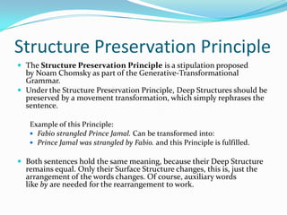 Structure Preservation Principle
 The Structure Preservation Principle is a stipulation proposed
by Noam Chomsky as part of the Generative-Transformational
Grammar.
 Under the Structure Preservation Principle, Deep Structures should be
preserved by a movement transformation, which simply rephrases the
sentence.
Example of this Principle:
 Fabio strangled Prince Jamal. Can be transformed into:
 Prince Jamal was strangled by Fabio. and this Principle is fulfilled.
 Both sentences hold the same meaning, because their Deep Structure
remains equal. Only their Surface Structure changes, this is, just the
arrangement of the words changes. Of course, auxiliary words
like by are needed for the rearrangement to work.
 