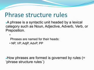 Phrase structure rules
A phrase is a syntactic unit headed by a lexical
category such as Noun, Adjective, Adverb, Verb, or
Preposition.
•
Phrases are named for their heads:
• NP, VP, AdjP, AdvP, PP
How phrases are formed is governed by rules (=
„phrase structure rules´)
 