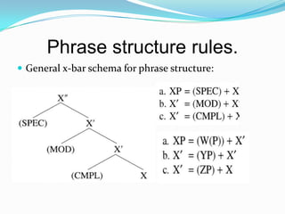 Phrase structure rules.
 General x-bar schema for phrase structure:
 