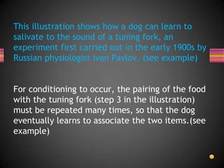 Conditioned response (CR)FIVE MAJOR CLASSICAL (PAVLOVIAN) CONDITIONING PARADIGMS:Delayed conditioning		( The CS remains present until the UCS begin)Trace conditioning		( The CS ends prior to the onset of the UCS)Simultaneous conditioning	( The CS and UCS occur at the same time)Backward conditioning		( The CS following the presentation of the 				UCS)Temporal conditioning		( The UCS is presented at regular intervals of                                                         time)