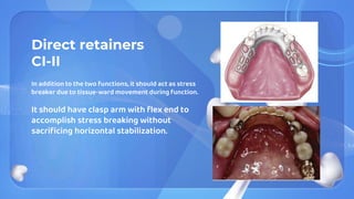 Direct retainers
CI-II
In addition to the two functions, it should act as stress
breaker due to tissue-ward movement during function.
It should have clasp arm with flex end to
accomplish stress breaking without
sacrificing horizontal stabilization.
 