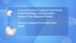 CI and CII primary support from tissue
underlying base, and secondary
support from abutment teeth.
CIII all its support from abutment
teeth.
 