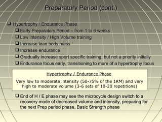 Preparatory Period (cont.)

 Hypertrophy / Endurance Phase
    Early Preparatory Period – from 1 to 6 weeks
    Low intensity / High Volume training
    Increase lean body mass
    Increase endurance
    Gradually increase sport specific training, but not a priority initially
    Endurance focus early, transitioning to more of a hypertrophy focus

                    Hypertrophy / Endurance Phase
    Very low to moderate intensity (50-75% of the 1RM) and very
       high to moderate volume (3-6 sets of 10-20 repetitions)

     End of H / E phase may see the microcycle design switch to a
      recovery mode of decreased volume and intensity, preparing for
      the next Prep period phase, Basic Strength phase
 
