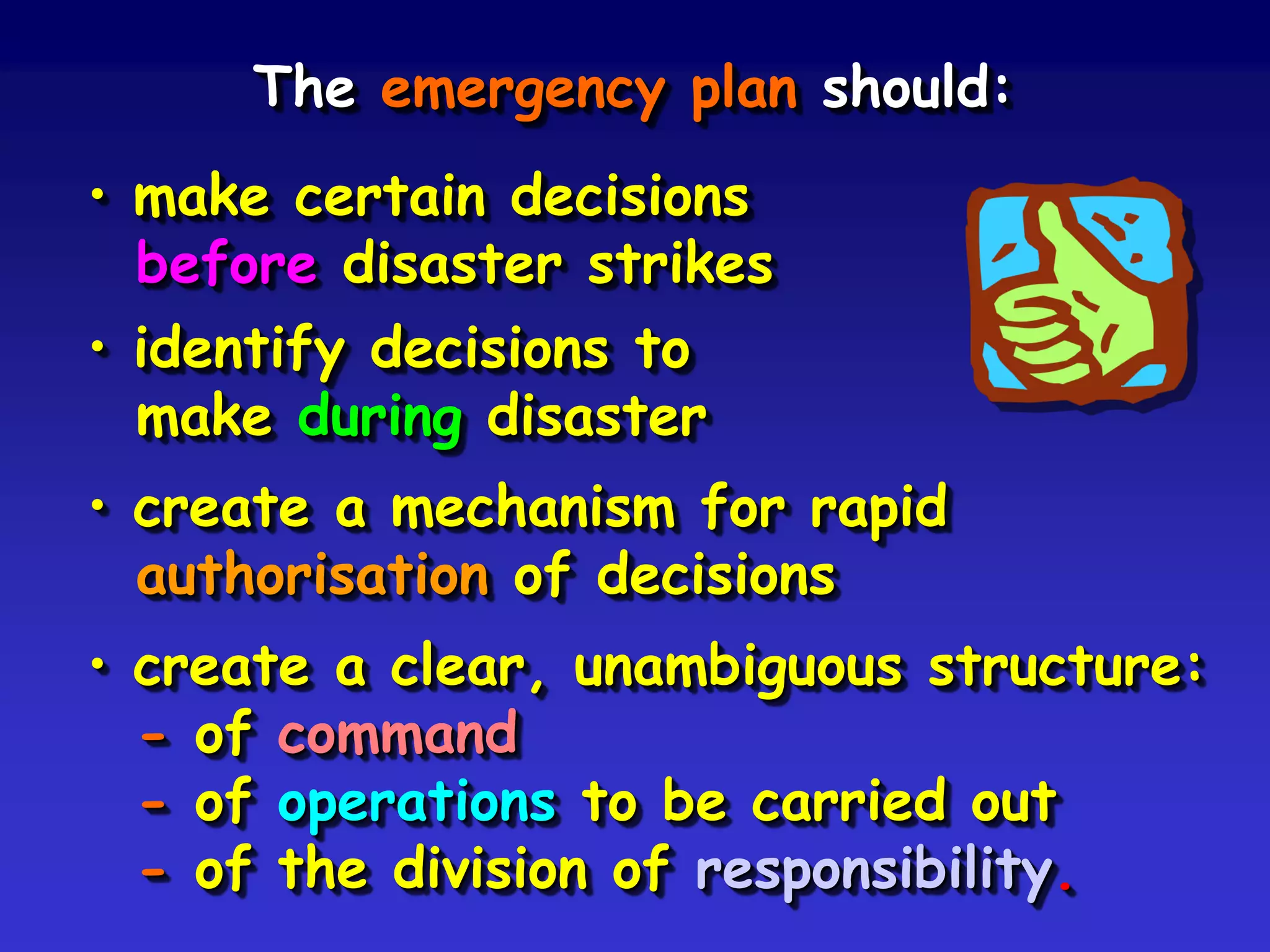 Volontary
sector:
support and
integration
Private
sector:
integration
Disaster
Municipality or other local
authority: emergency operations
Province, region, state, county:
co-ordination, assistance
Nation: policies of
compatibility, harmonisation
and co-ordination
International:
exchange and support
 