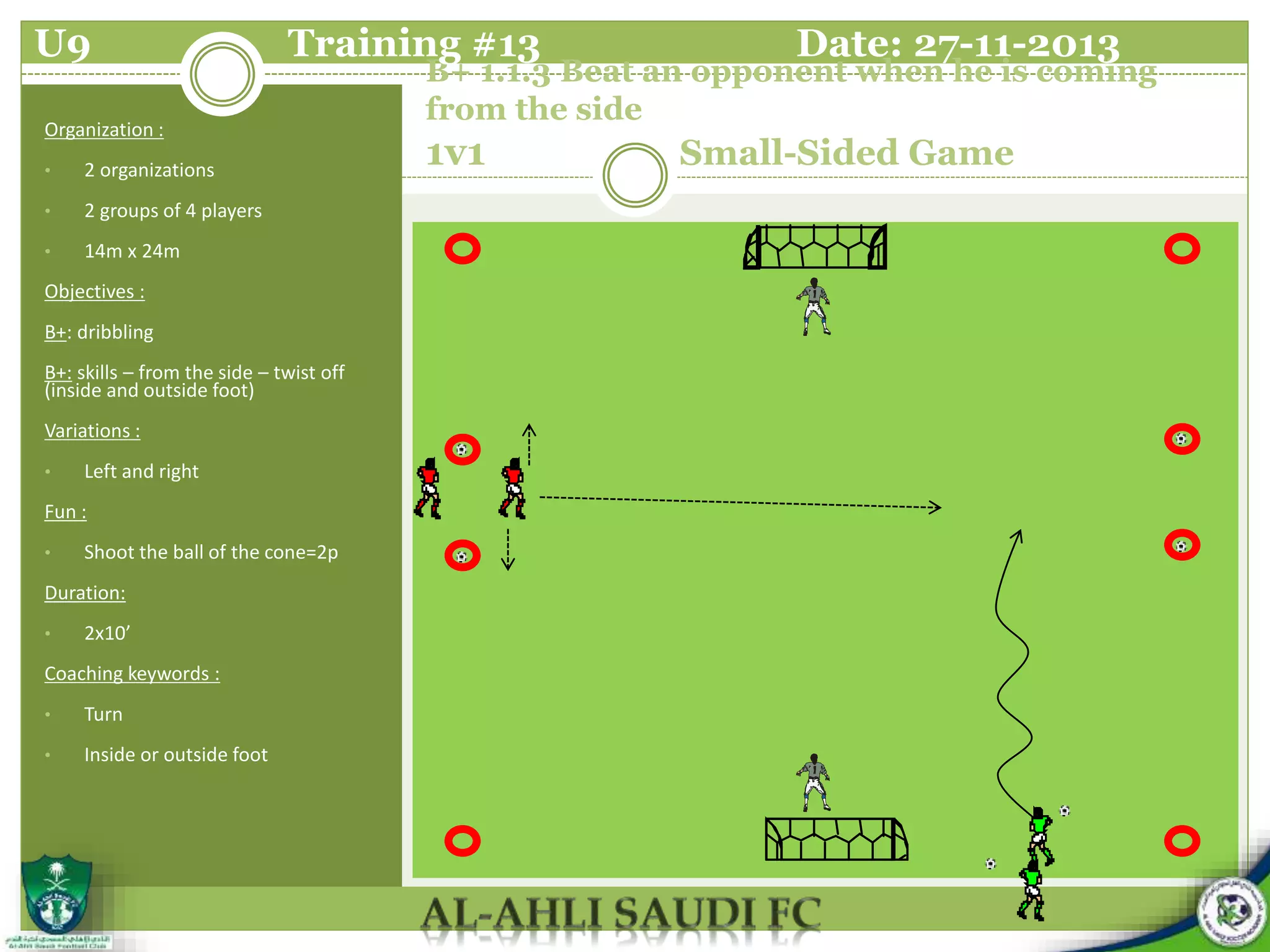 B+ 1.1.3 Beat an opponent when he is coming
from the side
1v1 Small-Sided Game
Organization :
• 2 organizations
• 2 groups of 4 players
• 14m x 24m
Objectives :
B+: dribbling
B+: skills – from the side – twist off
(inside and outside foot)
Variations :
• Left and right
Fun :
• Shoot the ball of the cone=2p
Duration:
• 2x10’
Coaching keywords :
• Turn
• Inside or outside foot
U9 Training #13 Date: 27-11-2013
 