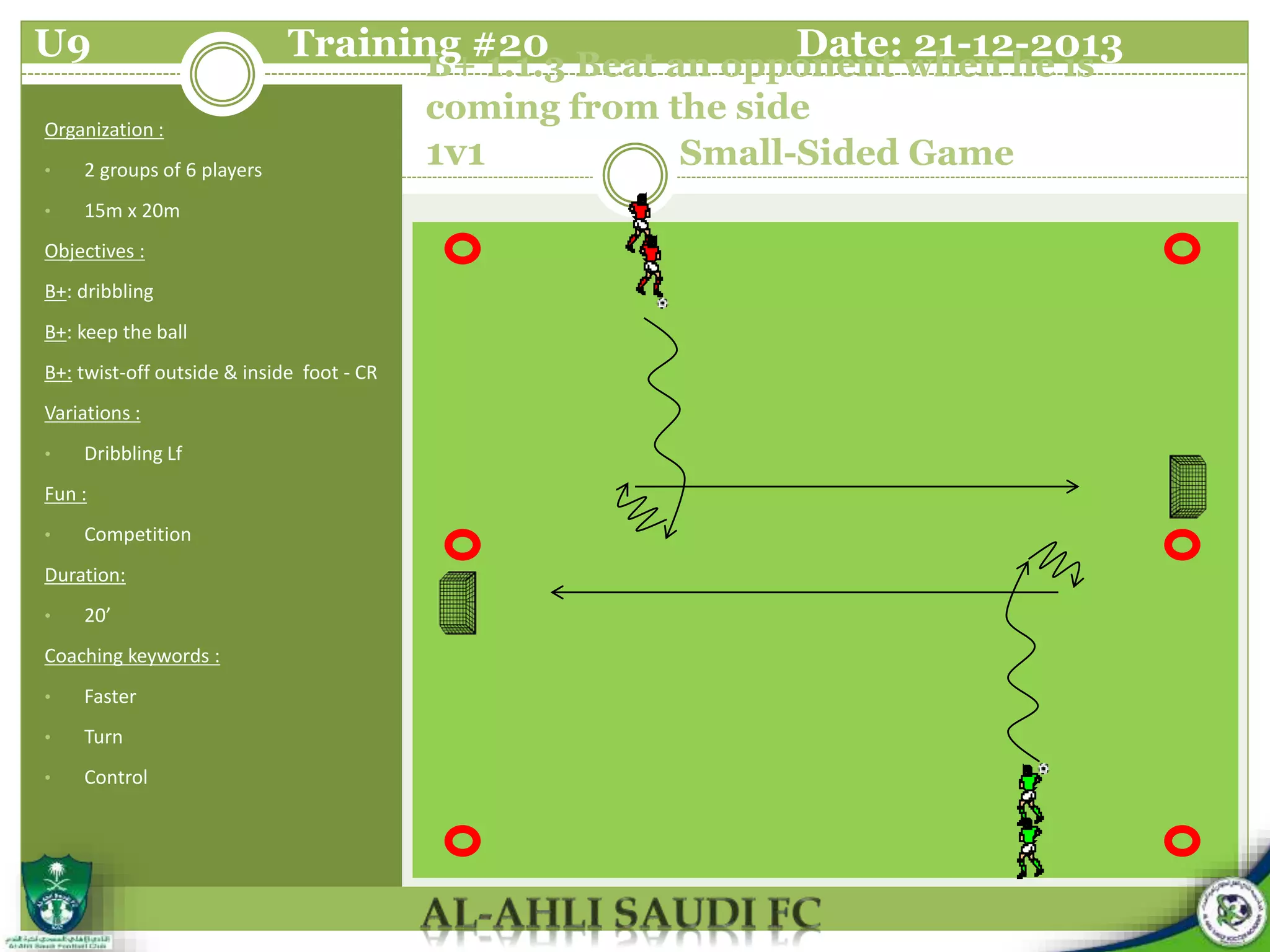 B+ 1.1.3 Beat an opponent when he is
coming from the side
1v1 Small-Sided Game
Organization :
• 2 groups of 6 players
• 15m x 20m
Objectives :
B+: dribbling
B+: keep the ball
B+: twist-off outside & inside foot - CR
Variations :
• Dribbling Lf
Fun :
• Competition
Duration:
• 20’
Coaching keywords :
• Faster
• Turn
• Control
U9 Training #20 Date: 21-12-2013
 