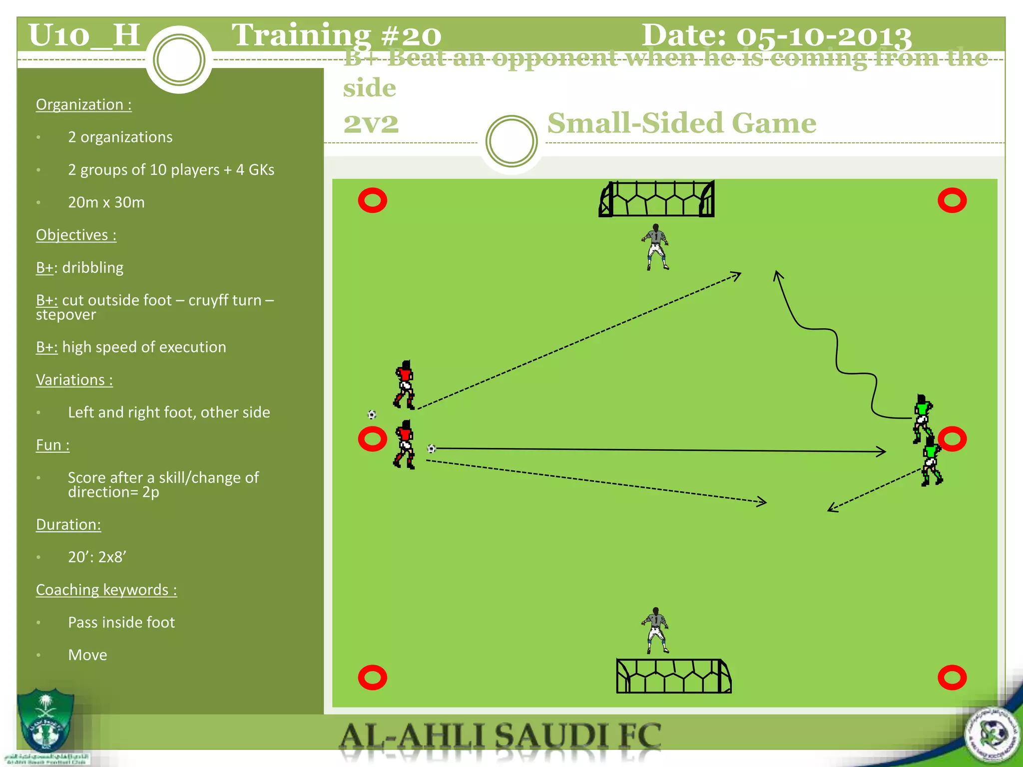 B+ Beat an opponent when he is coming from the
side
2v2 Small-Sided Game
Organization :
• 2 organizations
• 2 groups of 10 players + 4 GKs
• 20m x 30m
Objectives :
B+: dribbling
B+: cut outside foot – cruyff turn –
stepover
B+: high speed of execution
Variations :
• Left and right foot, other side
Fun :
• Score after a skill/change of
direction= 2p
Duration:
• 20’: 2x8’
Coaching keywords :
• Pass inside foot
• Move
U10_H Training #20 Date: 05-10-2013
 