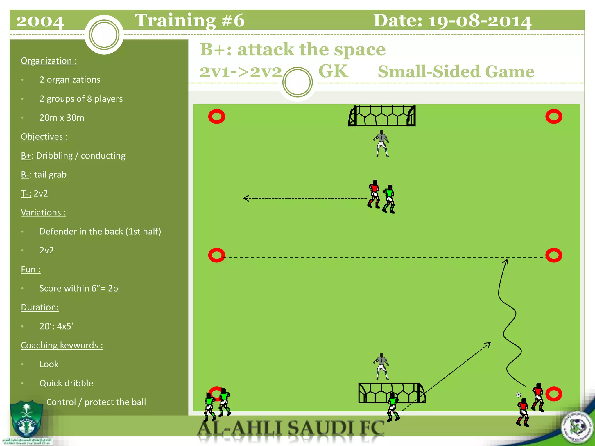 B+: attack the space
2v1->2v2 GK Small-Sided Game
Organization :
• 2 organizations
• 2 groups of 8 players
• 20m x 30m
Objectives :
B+: Dribbling / conducting
B-: tail grab
T-: 2v2
Variations :
• Defender in the back (1st half)
• 2v2
Fun :
• Score within 6”= 2p
Duration:
• 20’: 4x5’
Coaching keywords :
• Look
• Quick dribble
• Control / protect the ball
2004 Training #6 Date: 19-08-2014
 