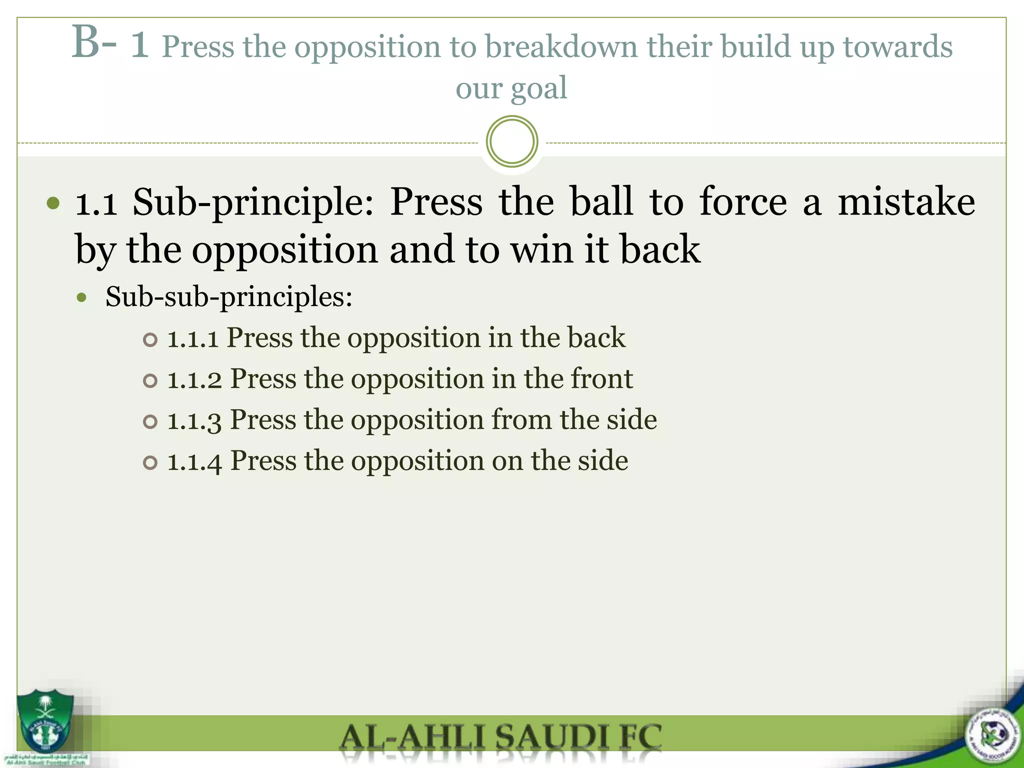 B- 1 Press the opposition to breakdown their build up towards
our goal
 1.1 Sub-principle: Press the ball to force a mistake
by the opposition and to win it back
 Sub-sub-principles:
 1.1.1 Press the opposition in the back
 1.1.2 Press the opposition in the front
 1.1.3 Press the opposition from the side
 1.1.4 Press the opposition on the side
 