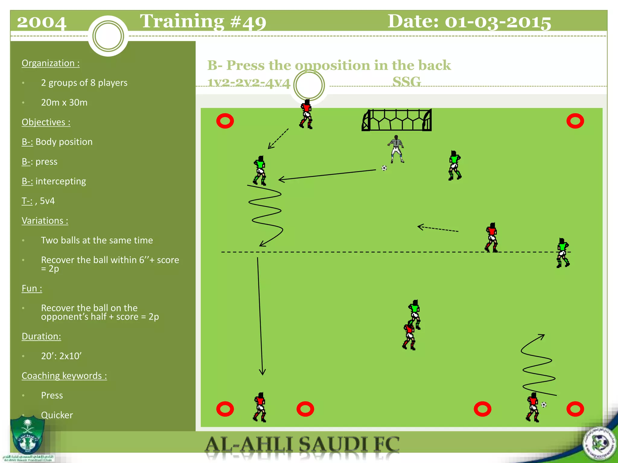 B- Press the opposition in the back
1v2-2v2-4v4 SSG
Organization :
• 2 groups of 8 players
• 20m x 30m
Objectives :
B-: Body position
B-: press
B-: intercepting
T-: , 5v4
Variations :
• Two balls at the same time
• Recover the ball within 6’’+ score
= 2p
Fun :
• Recover the ball on the
opponent’s half + score = 2p
Duration:
• 20’: 2x10’
Coaching keywords :
• Press
• Quicker
2004 Training #49 Date: 01-03-2015
 