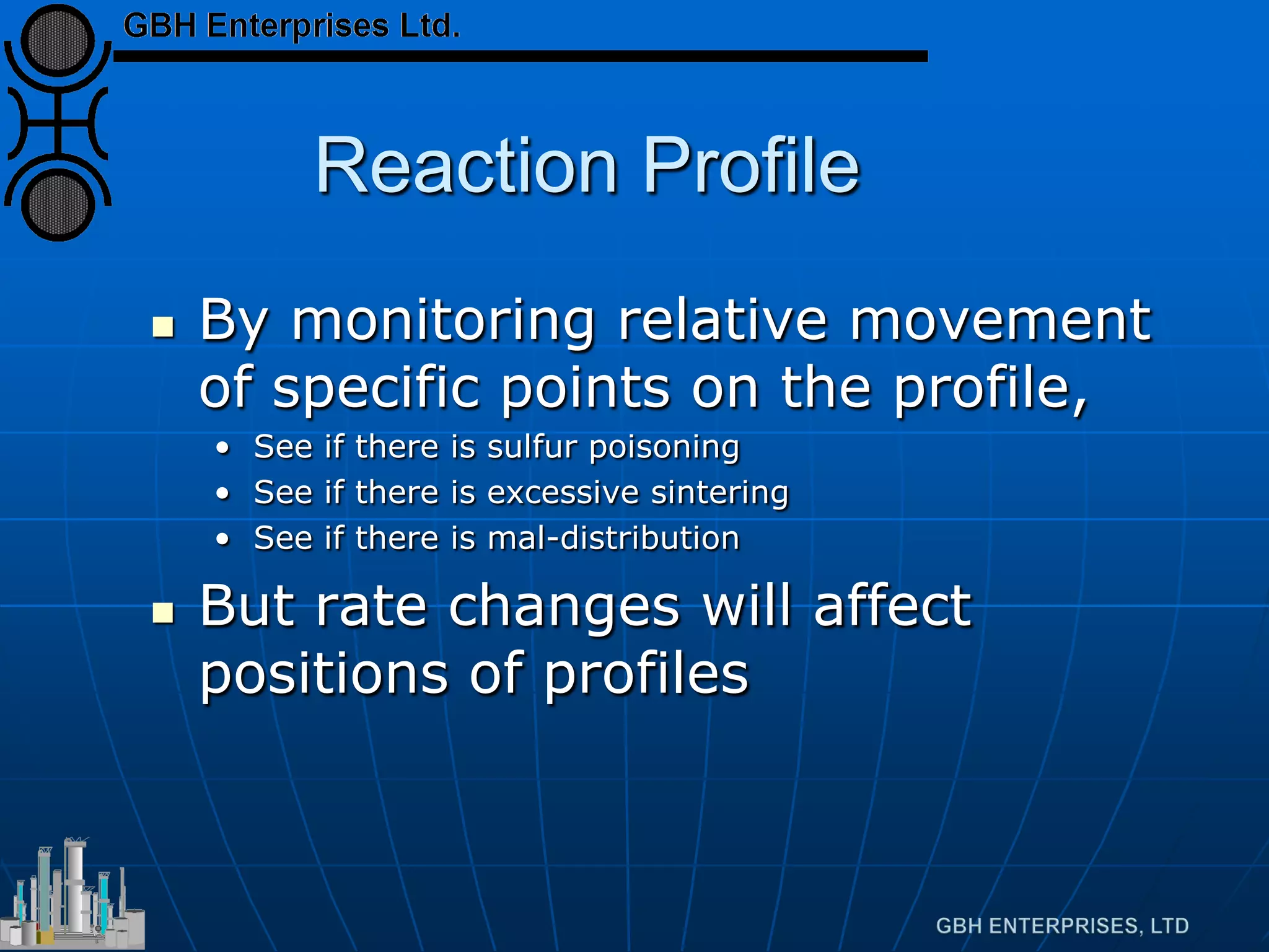 Reaction Profile
 By monitoring relative movement
of specific points on the profile,
• See if there is sulfur poisoning
• See if there is excessive sintering
• See if there is mal-distribution
 But rate changes will affect
positions of profiles
 