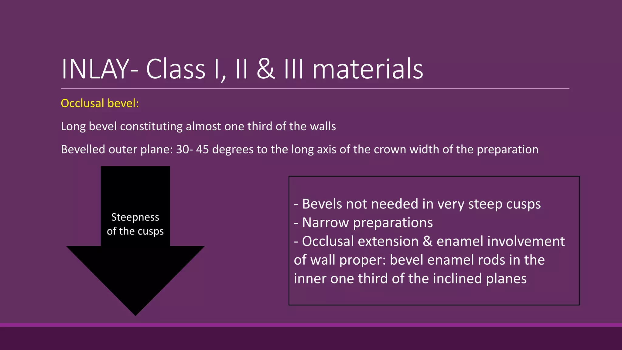 INLAY- Class I, II & III materials
Occlusal bevel:
Long bevel constituting almost one third of the walls
Bevelled outer plane: 30- 45 degrees to the long axis of the crown width of the preparation
- Bevels not needed in very steep cusps
- Narrow preparations
- Occlusal extension & enamel involvement
of wall proper: bevel enamel rods in the
inner one third of the inclined planes
Steepness
of the cusps
 
