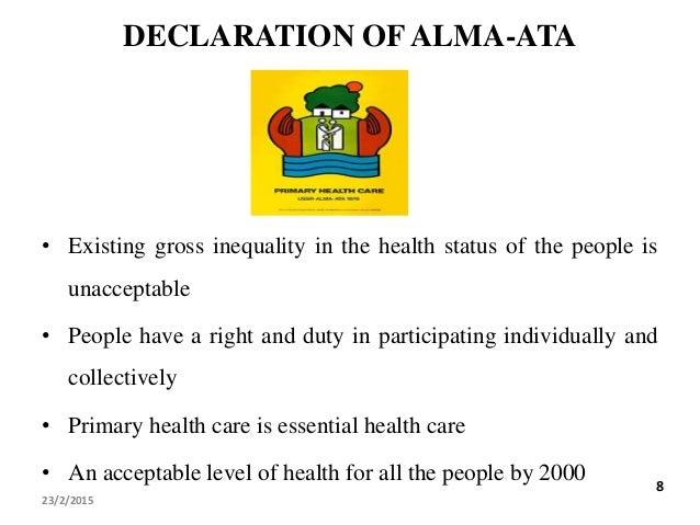 alma ata declaration 1978 In september 1978, the international conference on primary health care was held in alma-ata, ussr (now almaty, kazakhstan) the declaration of alma-ata, . alma ata declaration 1978 In september 1978, the international conference on primary health care was held in alma-ata, ussr (now almaty, kazakhstan) the declaration of alma-ata, .