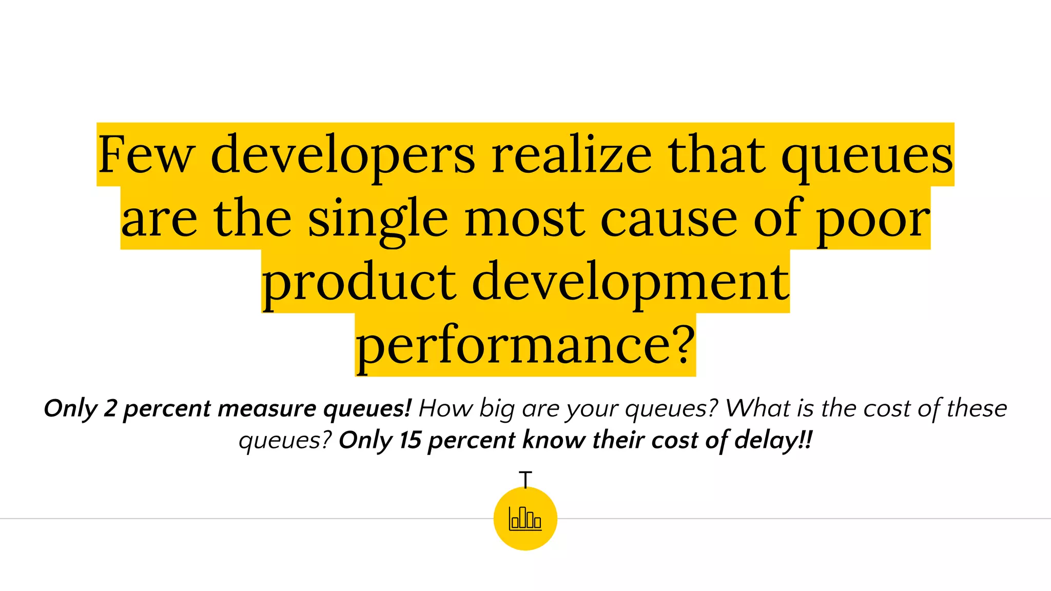 Few developers realize that queues
are the single most cause of poor
product development
performance?
Only 2 percent measure queues! How big are your queues? What is the cost of these
queues? Only 15 percent know their cost of delay!!
T
 