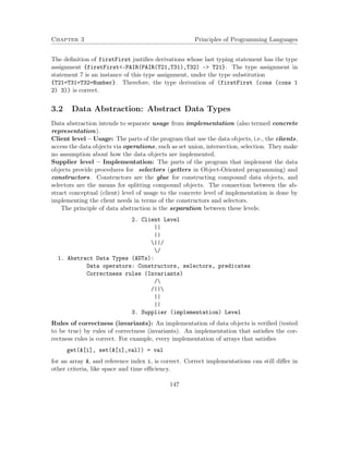 Chapter 3 Principles of Programming Languages
The deﬁnition of firstFirst justiﬁes derivations whose last typing statement has the type
assignment {firstFirst<-PAIR(PAIR(T21,T31),T32) –> T21}. The type assignment in
statement 7 is an instance of this type assignment, under the type substitution
{T21=T31=T32=Number}. Therefore, the type derivation of (firstFirst (cons (cons 1
2) 3)) is correct.
3.2 Data Abstraction: Abstract Data Types
Data abstraction intends to separate usage from implementation (also termed concrete
representation).
Client level – Usage: The parts of the program that use the data objects, i.e., the clients,
access the data objects via operations, such as set union, intersection, selection. They make
no assumption about how the data objects are implemented.
Supplier level – Implementation: The parts of the program that implement the data
objects provide procedures for selectors (getters in Object-Oriented programming) and
constructors. Constructors are the glue for constructing compound data objects, and
selectors are the means for splitting compound objects. The connection between the ab-
stract conceptual (client) level of usage to the concrete level of implementation is done by
implementing the client needs in terms of the constructors and selectors.
The principle of data abstraction is the separation between these levels:
2. Client Level
||
||
||/
/
1. Abstract Data Types (ADTs):
Data operators: Constructors, selectors, predicates
Correctness rules (Invariants)
/
/||
||
||
3. Supplier (implementation) Level
Rules of correctness (invariants): An implementation of data objects is veriﬁed (tested
to be true) by rules of correctness (invariants). An implementation that satisﬁes the cor-
rectness rules is correct. For example, every implementation of arrays that satisﬁes
get(A[i], set(A[i],val)) = val
for an array A, and reference index i, is correct. Correct implementations can still diﬀer in
other criteria, like space and time eﬃciency.
147
 