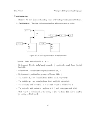 Chapter 4 Principles of Programming Languages
Visual notation:
− Frames: We draw frames as bounding boxes, with bindings written within the boxes.
− Environments: We draw environments as box pointer diagrams of frames.
Figure 4.2: Visual representation of environments
Figure 4.2 shows 3 environments: A, B, C.
− Environment C is the global environment. It consists of a single frame (global)
labeled I.
− Environment A consists of the sequence of frames: II, I.
− Environment B consists of the sequence of frames: III, I.
− The variables x, z are bound in frame II to 7 and 6, respectively.
− The variables x, y are bound in frame I to 3 and (1 2), respectively.
− The value of x with respect to A is 7, and with respect to B and to C is 3.
− The value of y with respect to A and to C is (1 2), and with respect to B it is 2.
− With respect to environment A, the binding of x to 7 in frame II is said to shadow
its binding to 3 in frame I.
245
 