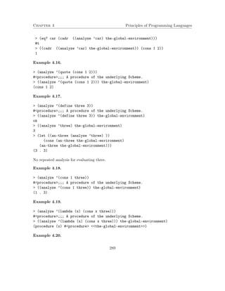 Chapter 4 Principles of Programming Languages
> (eq? car (cadr ((analyze ’car) the-global-environment)))
#t
> ((cadr ((analyze ’car) the-global-environment)) (cons 1 2))
1
Example 4.16.
> (analyze ’(quote (cons 1 2)))
#<procedure>;;; A procedure of the underlying Scheme.
> ((analyze ’(quote (cons 1 2))) the-global-environment)
(cons 1 2)
Example 4.17.
> (analyze ’(define three 3))
#<procedure>;;; A procedure of the underlying Scheme.
> ((analyze ’(define three 3)) the-global-environment)
ok
> ((analyze ’three) the-global-environment)
3
> (let ((an-three (analyze ’three) ))
(cons (an-three the-global-environment)
(an-three the-global-environment)))
(3 . 3)
No repeated analysis for evaluating three.
Example 4.18.
> (analyze ’(cons 1 three))
#<procedure>;;; A procedure of the underlying Scheme.
> ((analyze ’(cons 1 three)) the-global-environment)
(1 . 3)
Example 4.19.
> (analyze ’(lambda (x) (cons x three)))
#<procedure>;;; A procedure of the underlying Scheme.
> ((analyze ’(lambda (x) (cons x three))) the-global-environment)
(procedure (x) #<procedure> <<the-global-environment>>)
Example 4.20.
289
 