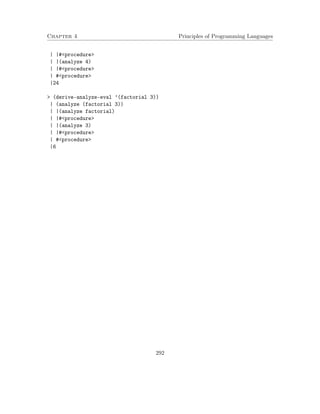 Chapter 4 Principles of Programming Languages
| |#<procedure>
| |(analyze 4)
| |#<procedure>
| #<procedure>
|24
> (derive-analyze-eval ’(factorial 3))
| (analyze (factorial 3))
| |(analyze factorial)
| |#<procedure>
| |(analyze 3)
| |#<procedure>
| #<procedure>
|6
292
 