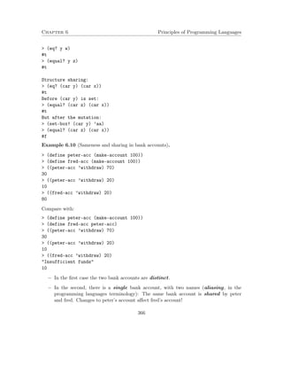 Chapter 6 Principles of Programming Languages
> (eq? y w)
#t
> (equal? y z)
#t
Structure sharing:
> (eq? (car y) (car x))
#t
Before (car y) is set:
> (equal? (car z) (car x))
#t
But after the mutation:
> (set-box! (car y) ’aa)
> (equal? (car z) (car x))
#f
Example 6.10 (Sameness and sharing in bank accounts).
> (define peter-acc (make-account 100))
> (define fred-acc (make-account 100))
> ((peter-acc ’withdraw) 70)
30
> ((peter-acc ’withdraw) 20)
10
> ((fred-acc ’withdraw) 20)
80
Compare with:
> (define peter-acc (make-account 100))
> (define fred-acc peter-acc)
> ((peter-acc ’withdraw) 70)
30
> ((peter-acc ’withdraw) 20)
10
> ((fred-acc ’withdraw) 20)
"Insufficient funds"
10
− In the ﬁrst case the two bank accounts are distinct.
− In the second, there is a single bank account, with two names (aliasing, in the
programming languages terminology): The same bank account is shared by peter
and fred. Changes to peter’s account aﬀect fred’s account!
366
 