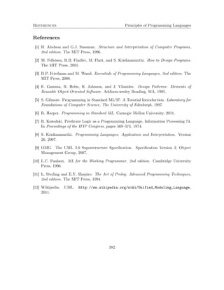 References Principles of Programming Languages
References
[1] H. Abelson and G.J. Sussman. Structure and Interpretation of Computer Programs,
2nd edition. The MIT Press, 1996.
[2] M. Felleisen, R.B. Findler, M. Flatt, and S. Krishnamurthi. How to Design Programs.
The MIT Press, 2001.
[3] D.P. Friedman and M. Wand. Essentials of Programming Languages, 3nd edition. The
MIT Press, 2008.
[4] E. Gamma, R. Helm, R. Johnson, and J. Vlissides. Design Patterns: Elements of
Reusable Object-Oriented Software. Addison-wesley Reading, MA, 1995.
[5] S. Gilmore. Programming in Standard ML’97: A Tutorial Introduction. Laboratory for
Foundations of Computer Science, The University of Edinburgh, 1997.
[6] R. Harper. Programming in Standard ML. Carnegie Mellon University, 2011.
[7] R. Kowalski. Predicate Logic as a Programming Language, Information Processing 74.
In Proceedings of the IFIP Congress, pages 569–574, 1974.
[8] S. Krishnamurthi. Programming Languages: Application and Interpretation. Version
26, 2007.
[9] OMG. The UML 2.0 Superstructure Speciﬁcation. Speciﬁcation Version 2, Object
Management Group, 2007.
[10] L.C. Paulson. ML for the Working Programmer, 2nd edition. Cambridge University
Press, 1996.
[11] L. Sterling and E.Y. Shapiro. The Art of Prolog: Advanced Programming Techniques,
2nd edition. The MIT Press, 1994.
[12] Wikipedia. UML. http://en.wikipedia.org/wiki/Unified_Modeling_Language,
2011.
382
 
